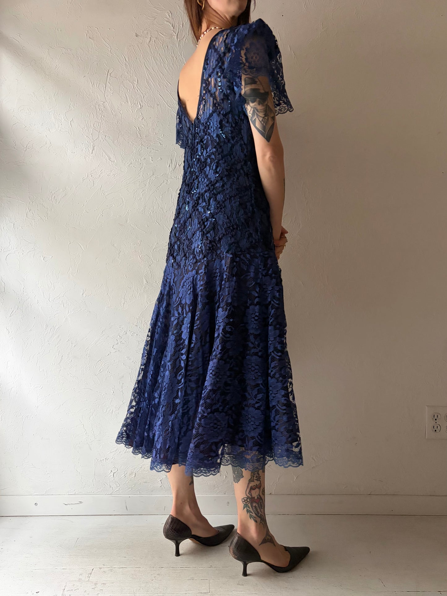 80s 'HW Collections' Purple Lace Formal Prom Dress / Vintage 1980s Retro Gown / Small