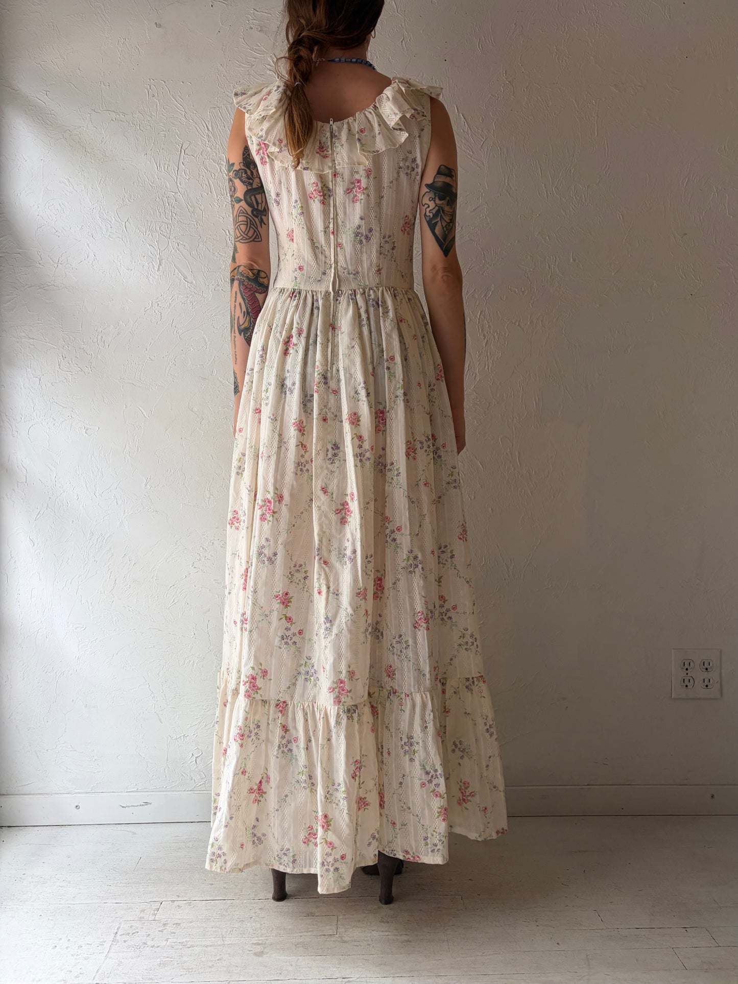 Vintage Cream Floral Peasant Dress / Small
