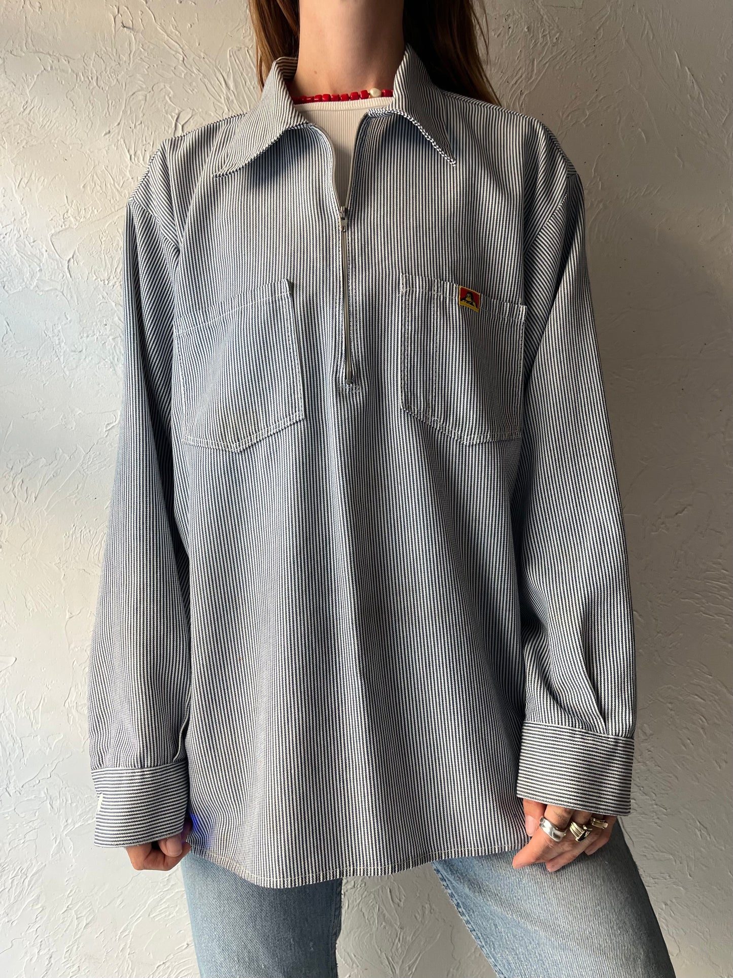 Vintage 'Ben Davis' Pinstriped Half Zip Shirt / Large