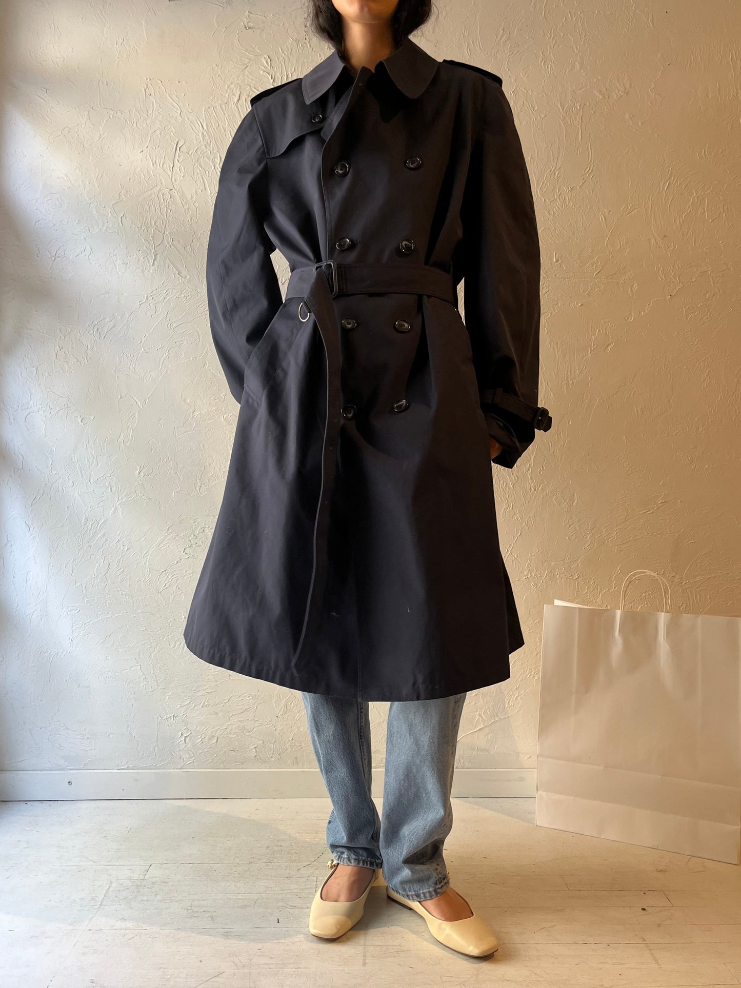 90s 'London Fog' Navy Blue Trench Coat / Large