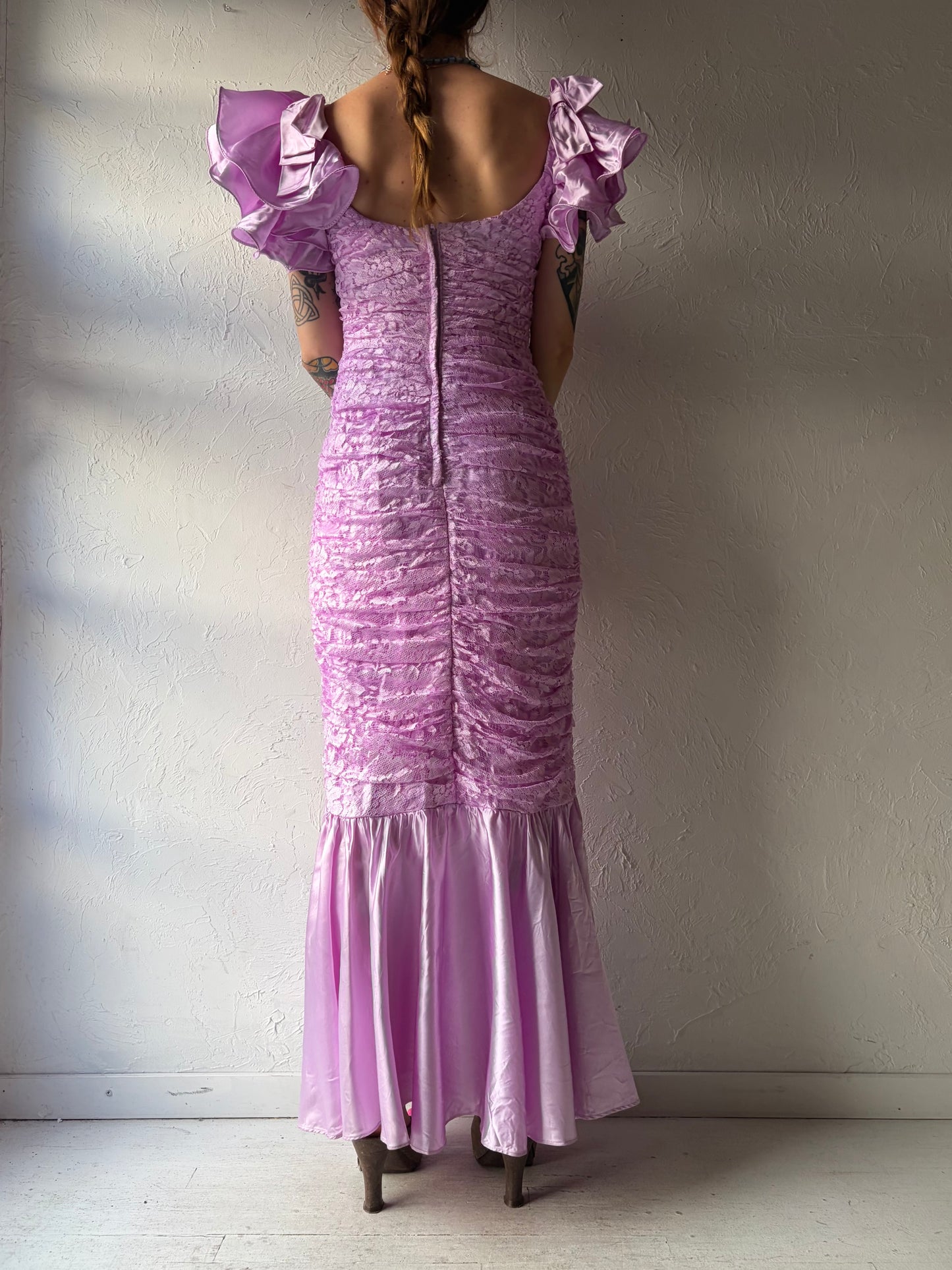 80s Purple Lace Ruffle Sleeve Mermaid Tail Formal Dress / Medium