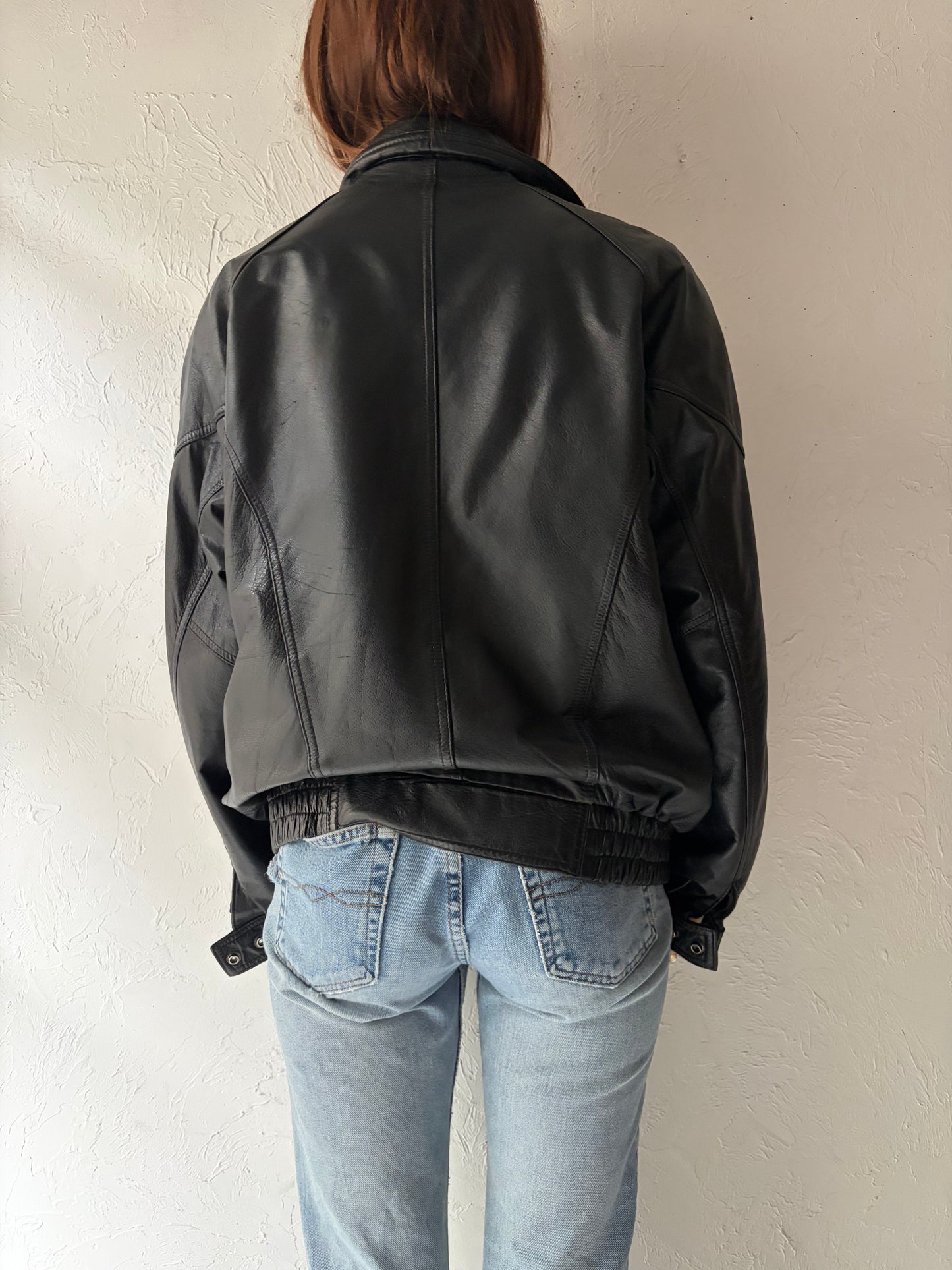 90s Black Leather Bomber Jacket / Large