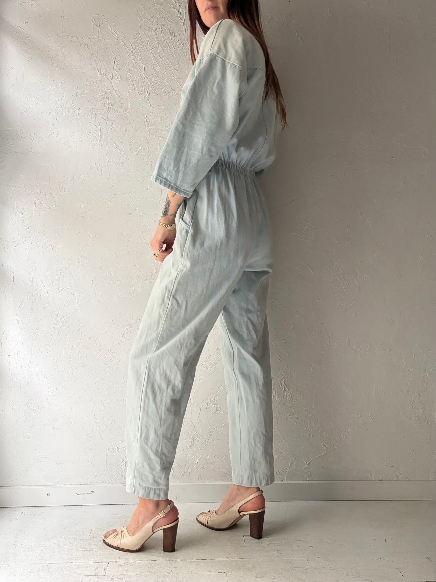 80s 'Ideas' Light Denim Retro Jumpsuit / Vintage 1980s Streetwear Jean One Piece / Small
