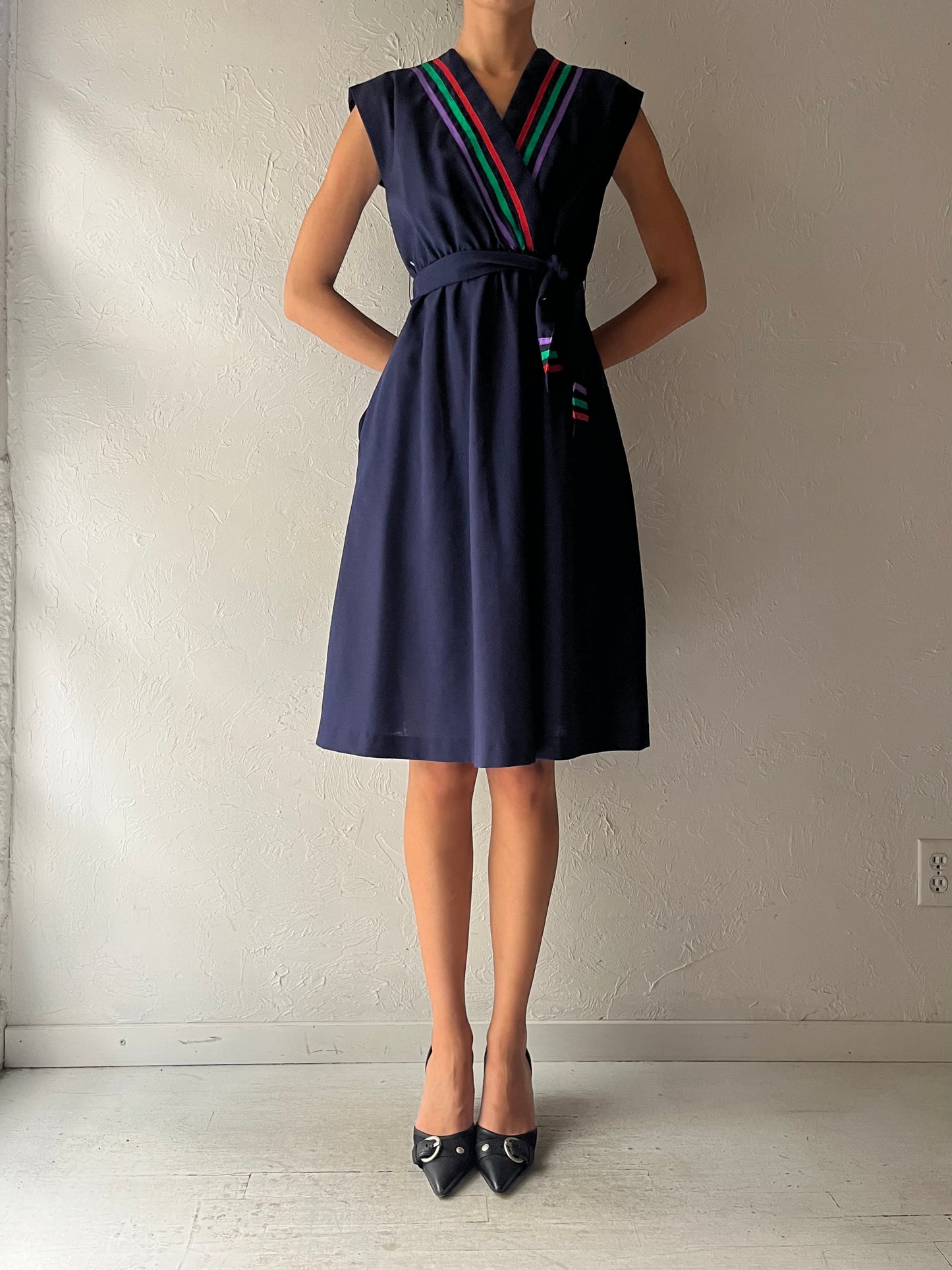 70s 'Mr Suli' Navy Blue V Neck Midi Dress / Small