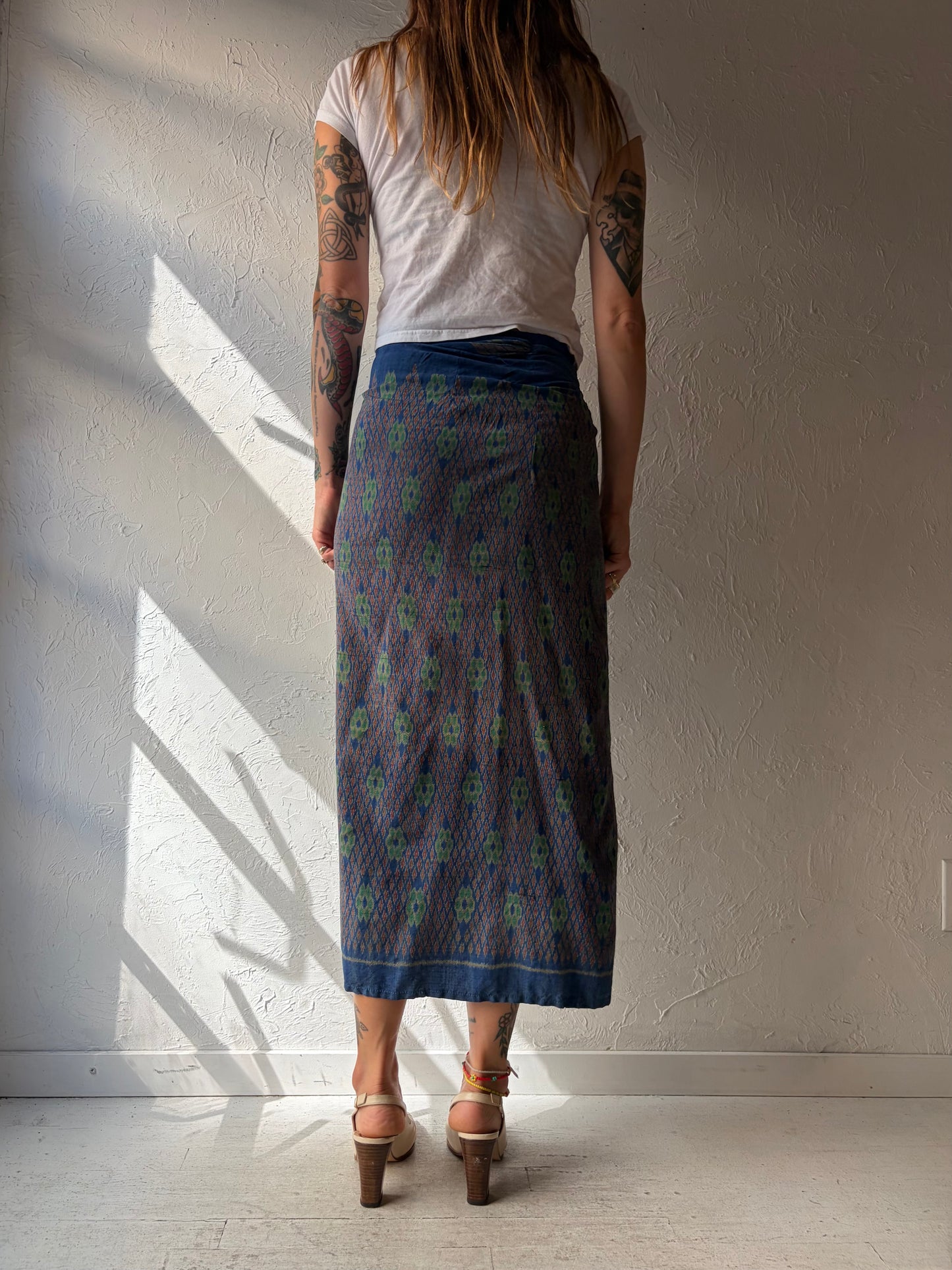 Vintage Silk Blue Patterned Wrap Skirt / Small - Large