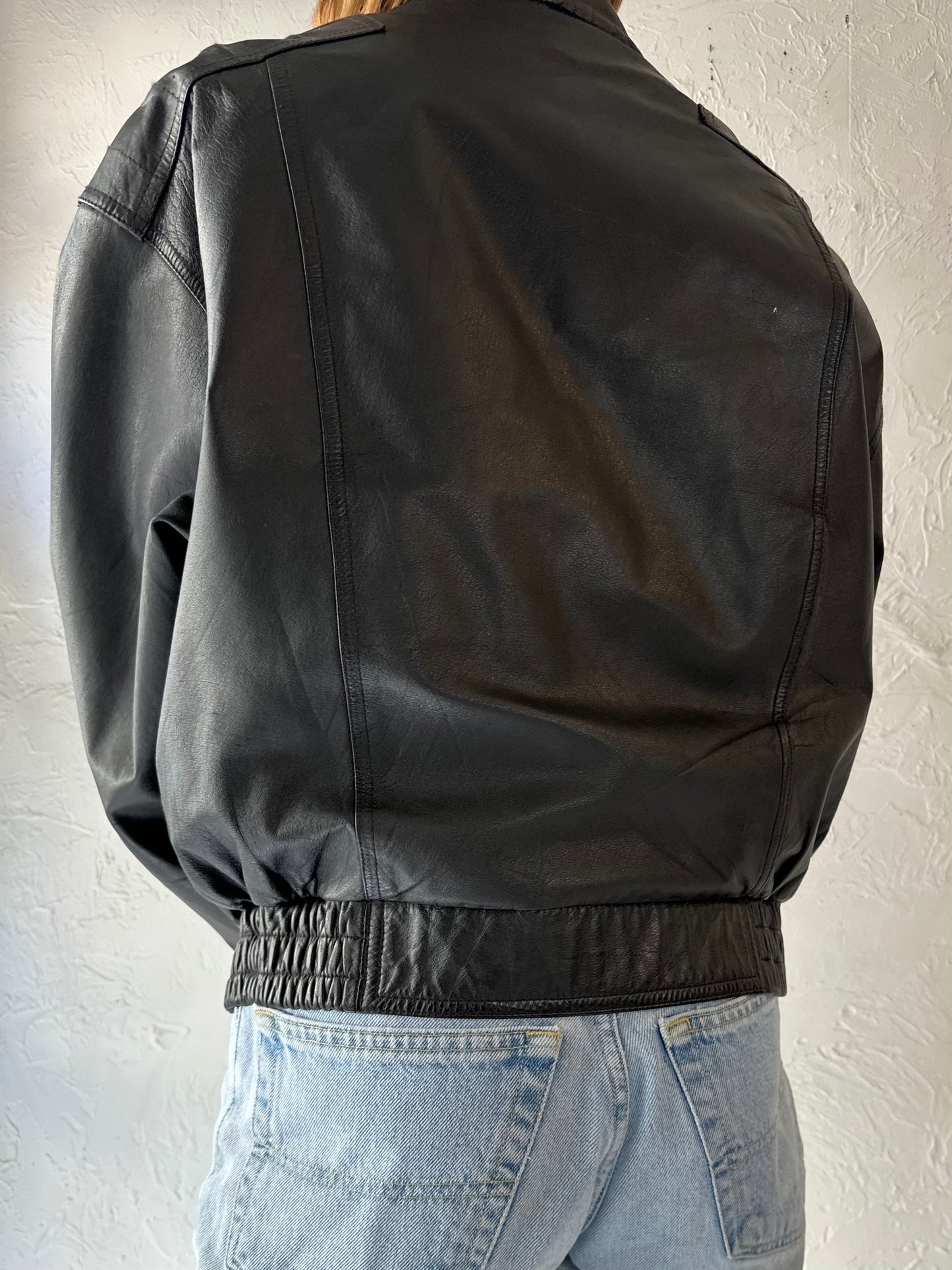 90s 'Byrnes & Baker' Black Leather Bomber Jacket / Medium