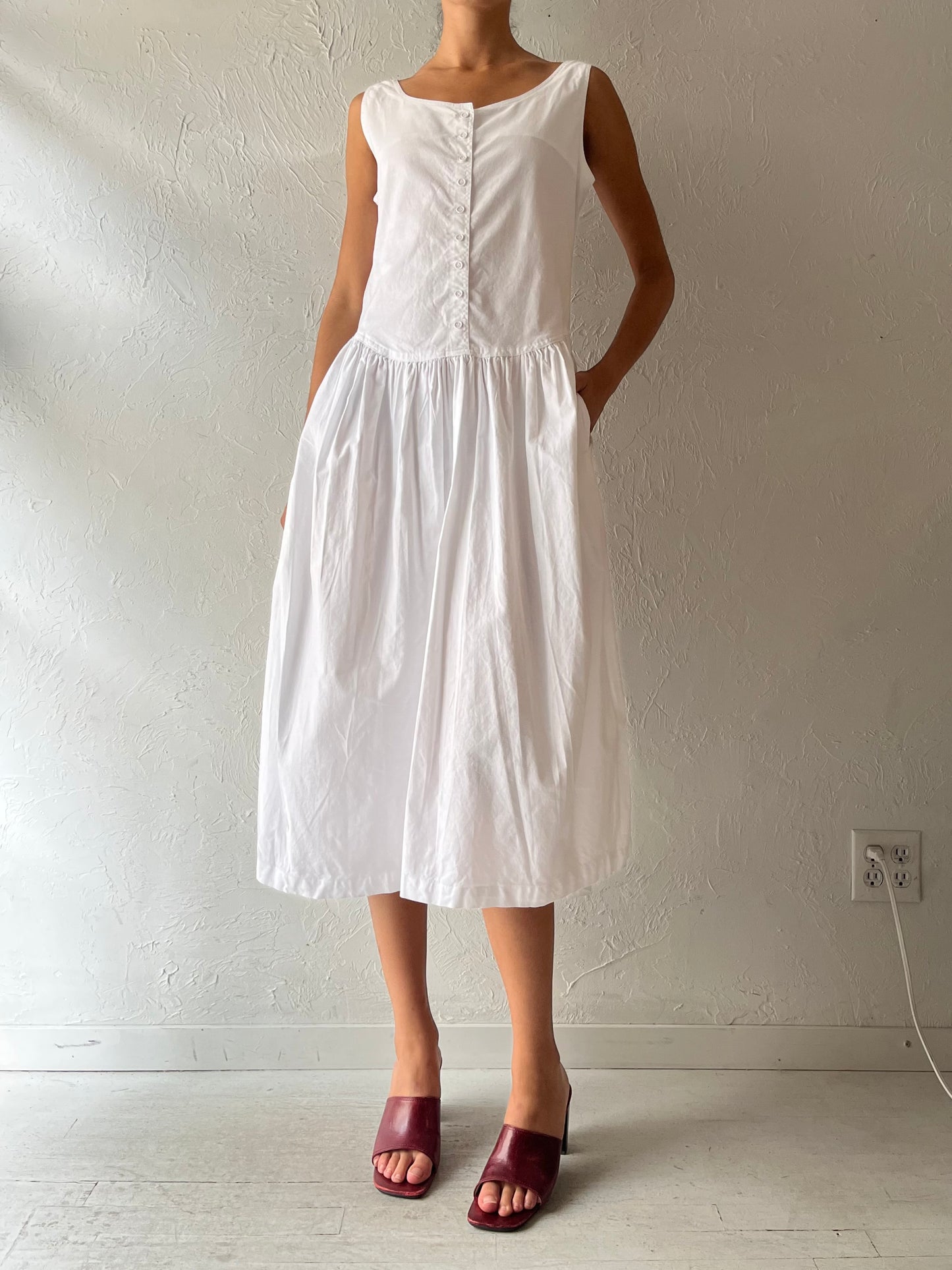 90s 'Auoca' White Cotton Midi Dress / Medium