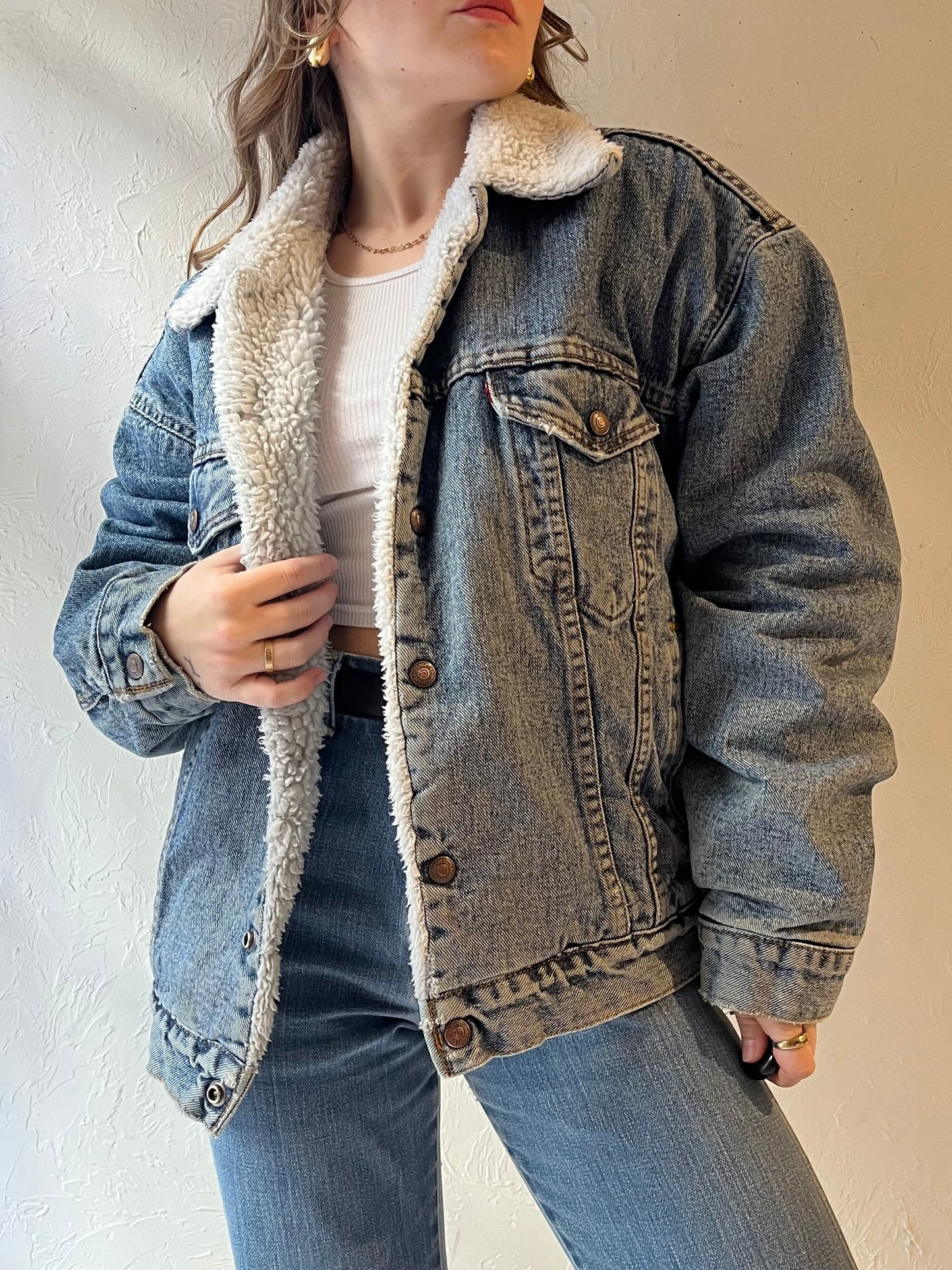 90s 'Levis' Faux Shearling Lined Denim Jacket / Medium