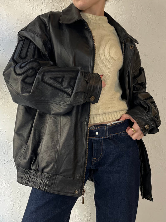 90s ‘USA’ Black Leather Bomber Jacket / XL