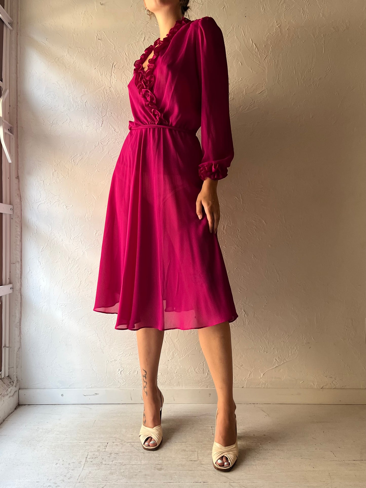 80s 'Algo' Retro Pink Long Sleeve Spring Casual Midi Dress / Medium