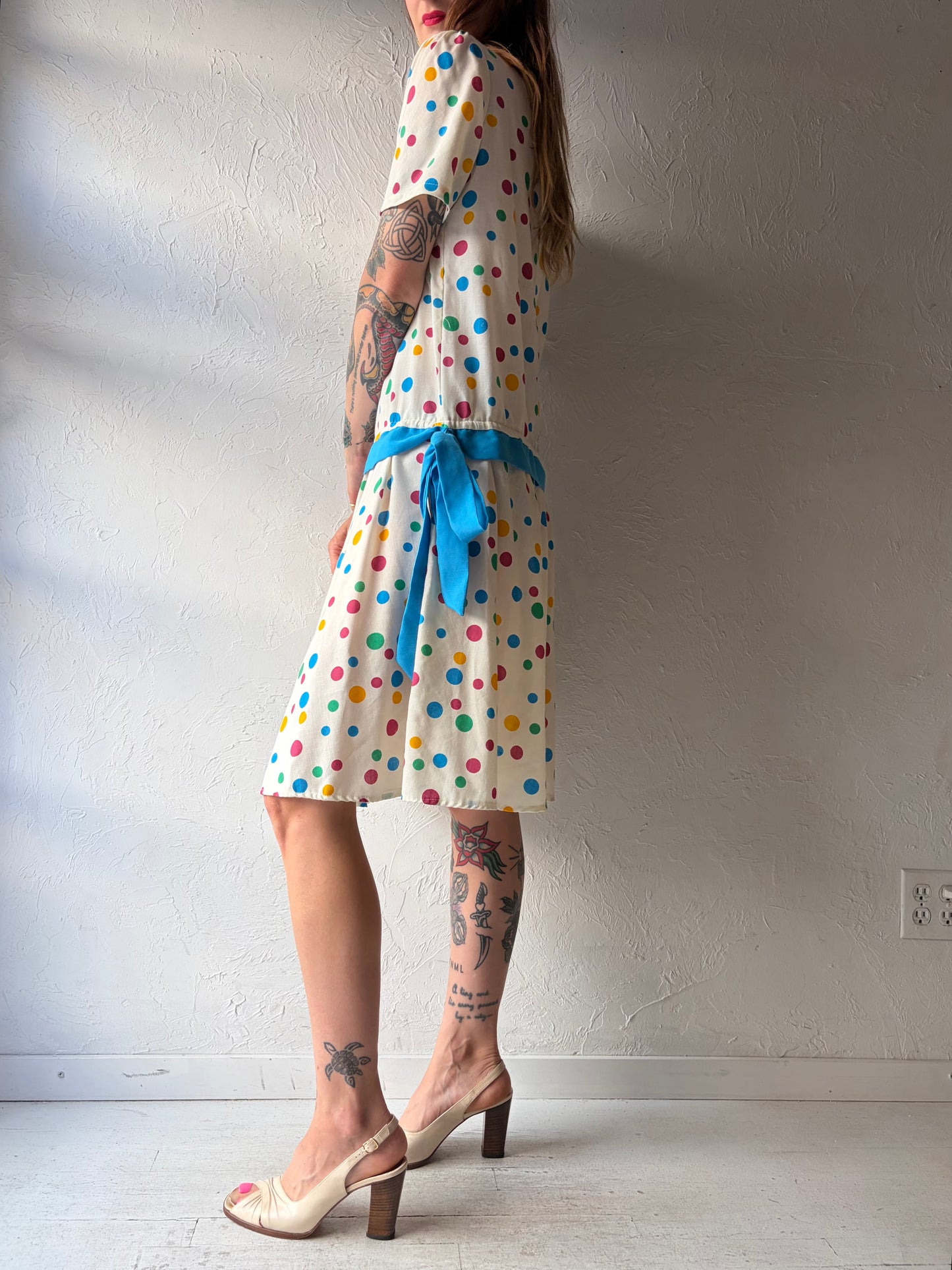60s White Polka Dot Drop Waist Retro Dress / Medium
