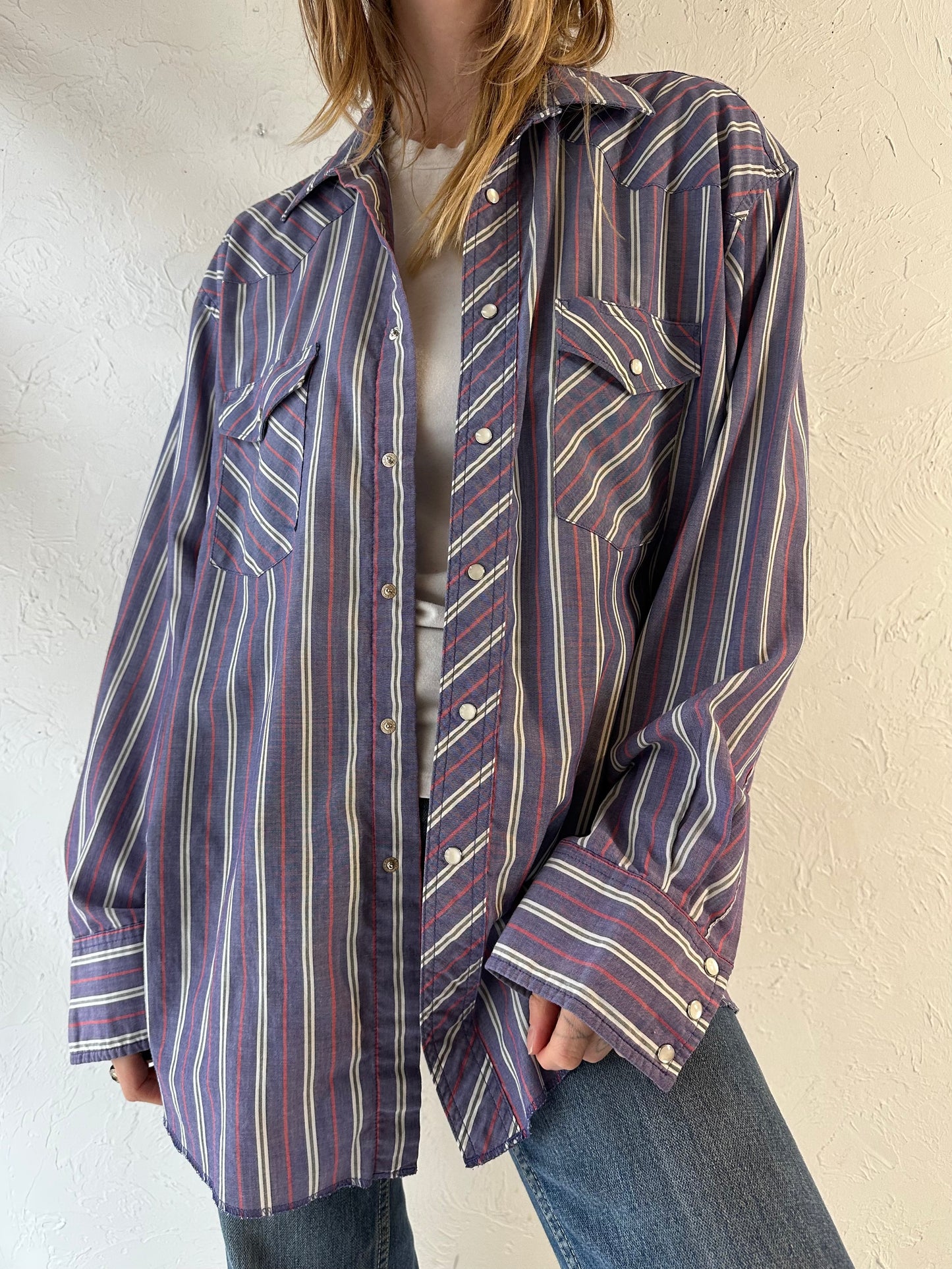 90s ‘Wrangler’ Striped Pearl Snap Shirt / Large