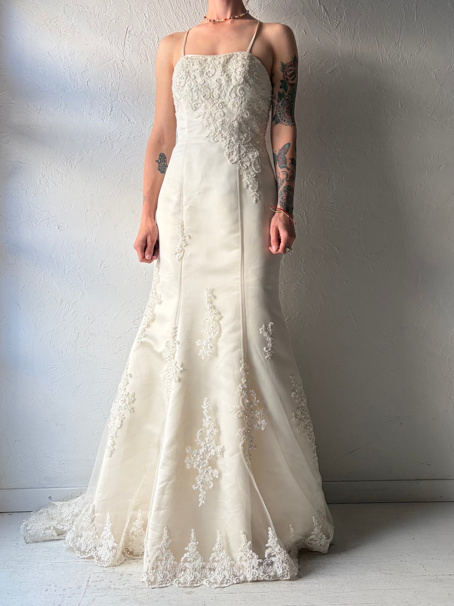Y2k 'Angeline'  Cream Lace Up Foral Wedding Dress / Medium