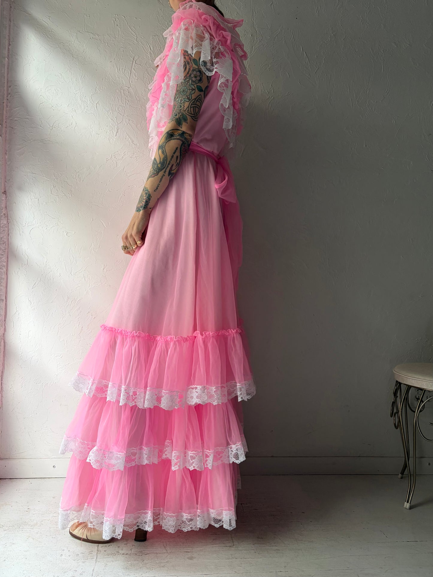 70s 'Petite Fashions' Pink Ruffle Formal Dress / Small