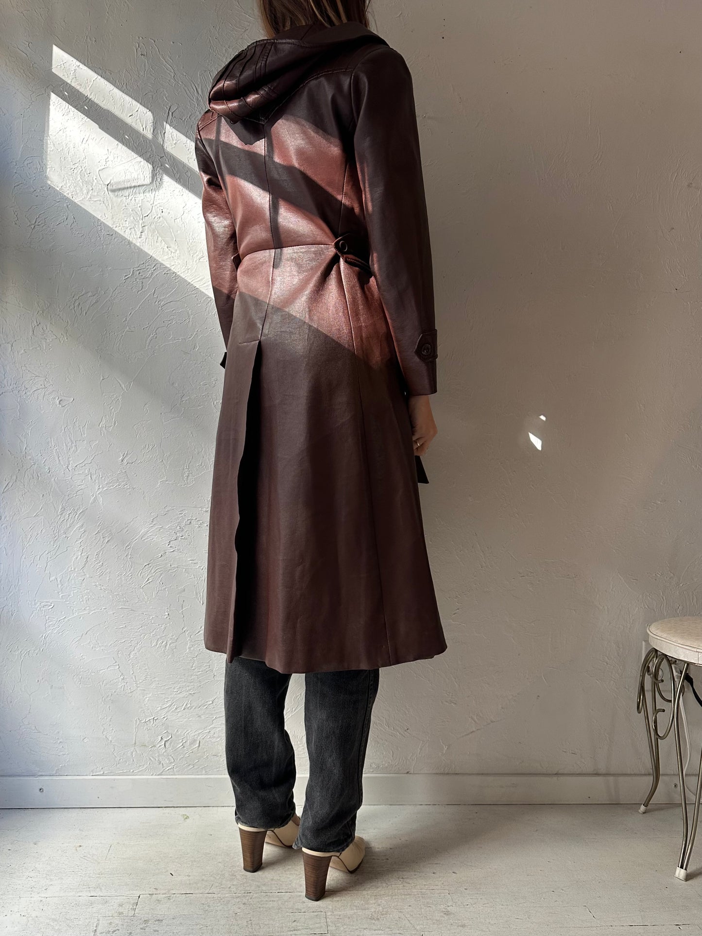 70s Brown Leather Hooded Coat / Small