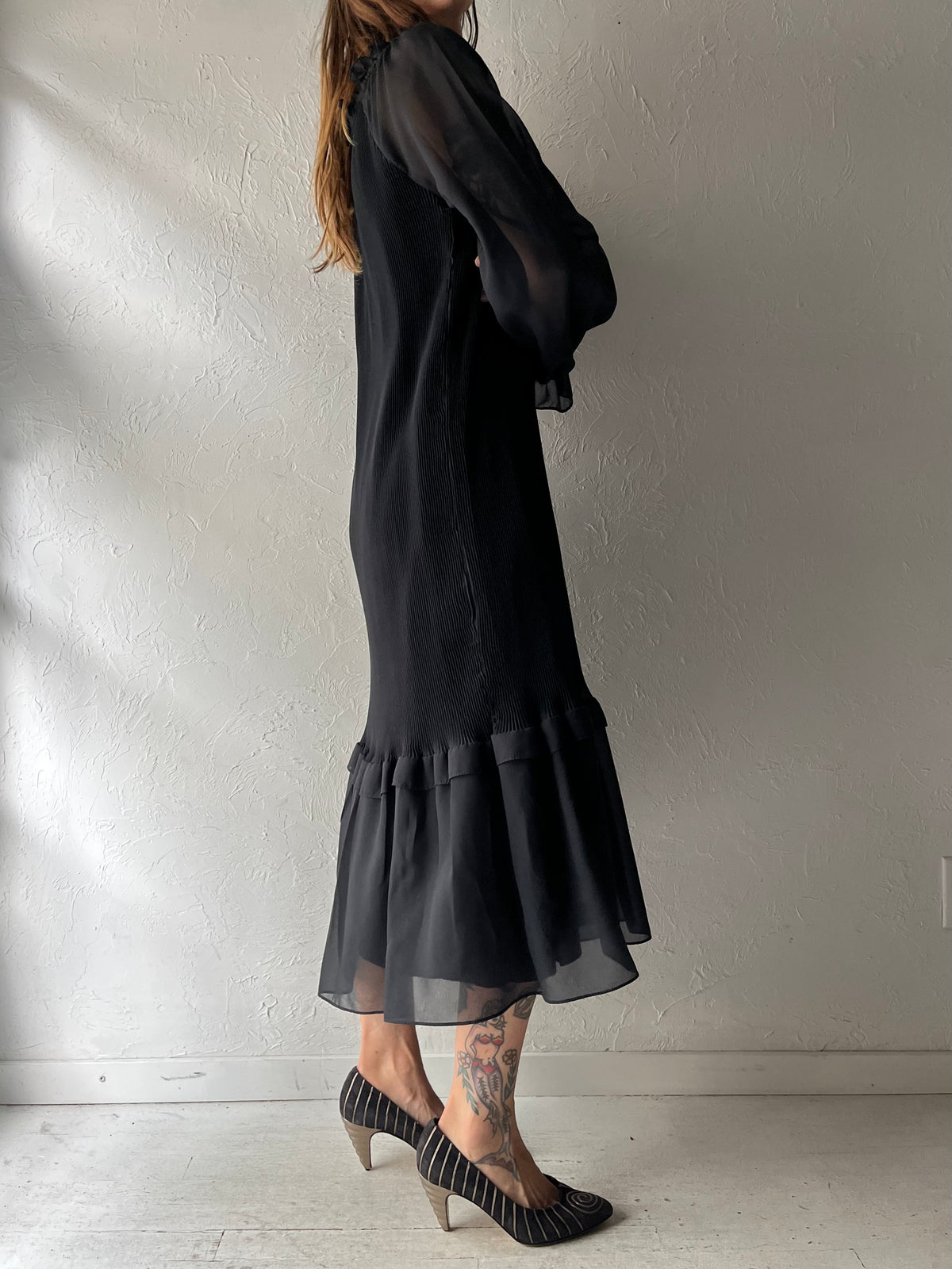 80s 'Lori Ann' Black Chiffon Ruffle Romantic Goth Witchy Cocktail Midi Dress / Medium