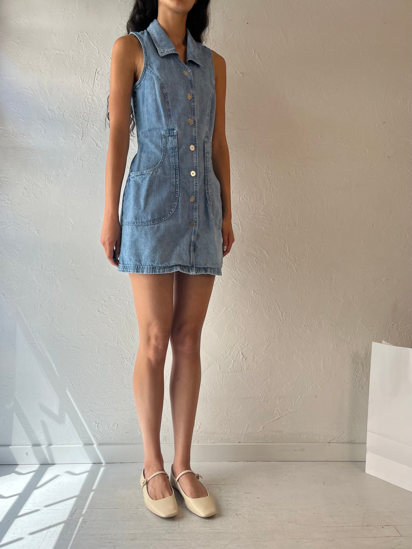 90s 'Vintage Studio' Collared Denim Mini Dress / Small