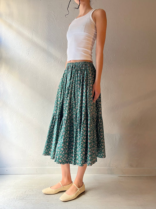 Vintage Handmade Green Cotton Floral Skirt / Small