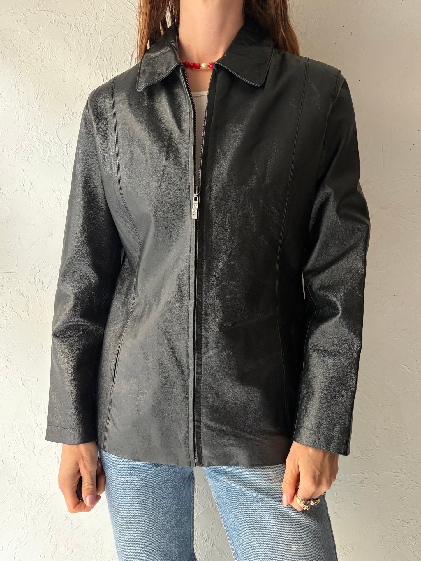 90s Black Leather jacket / Small