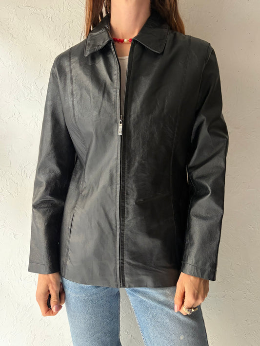 90s Black Leather jacket / Small