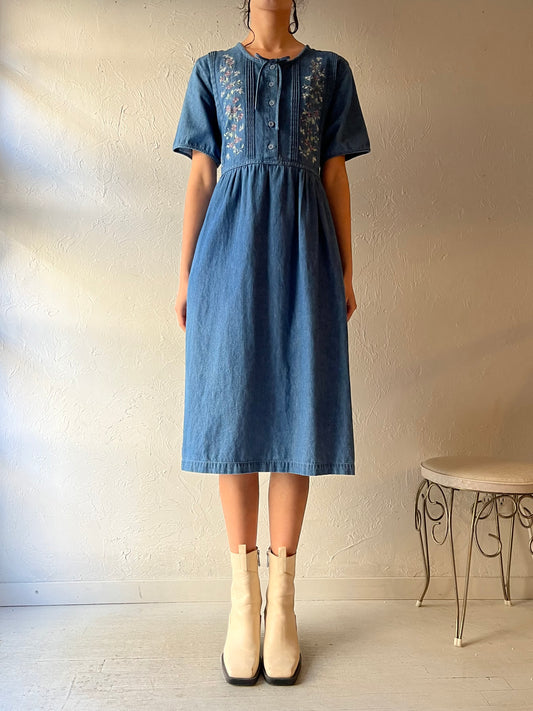 90s 'VI Petites' Denim Embroidered Midi Dress / Large