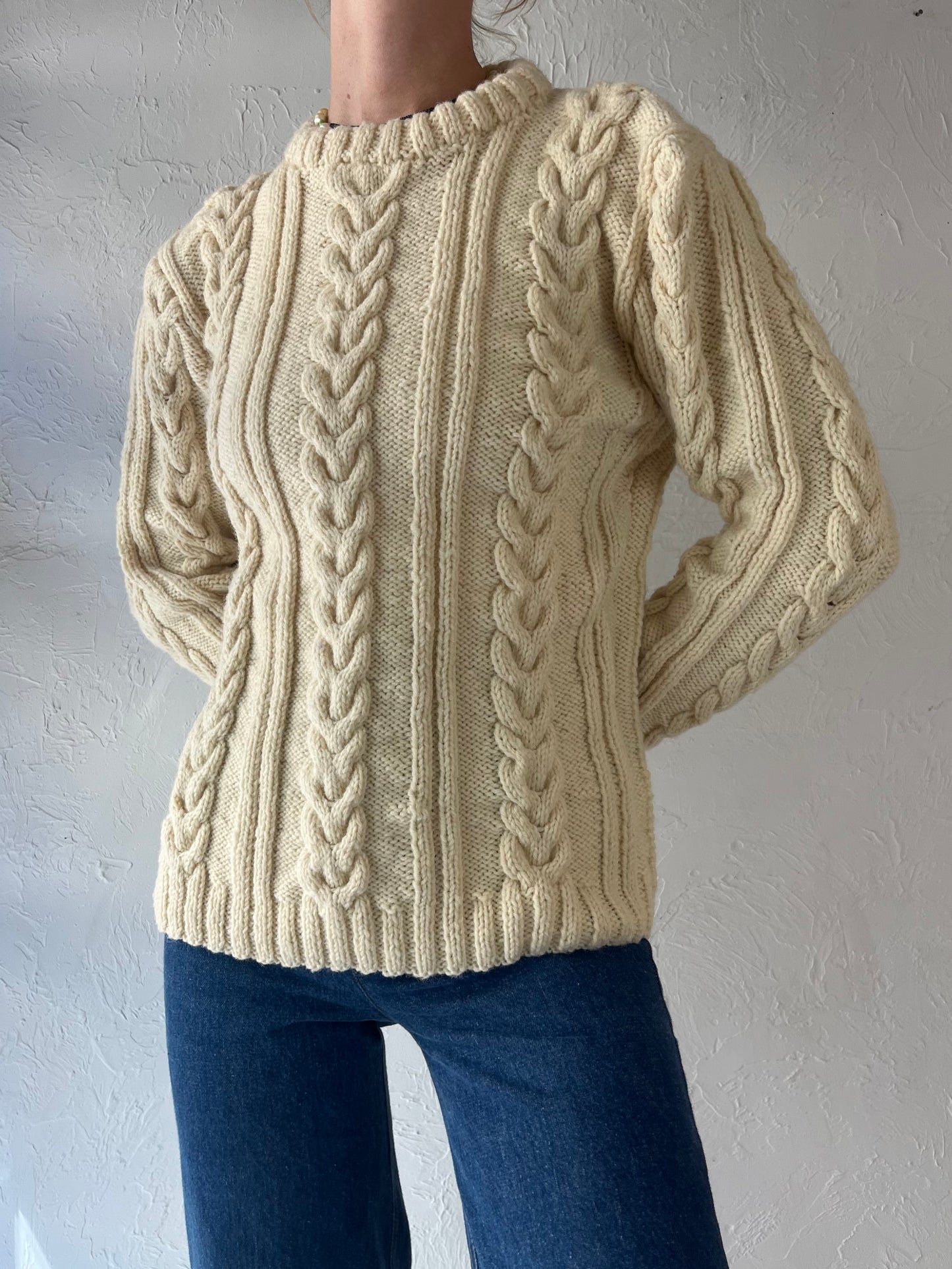 Vintage Mock Neck Cream Cable Knit Acrylic Wool Blend Sweater