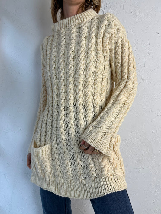 Vintage Hand Knit Cream Cable Knit Mock Neck Sweater / Medium