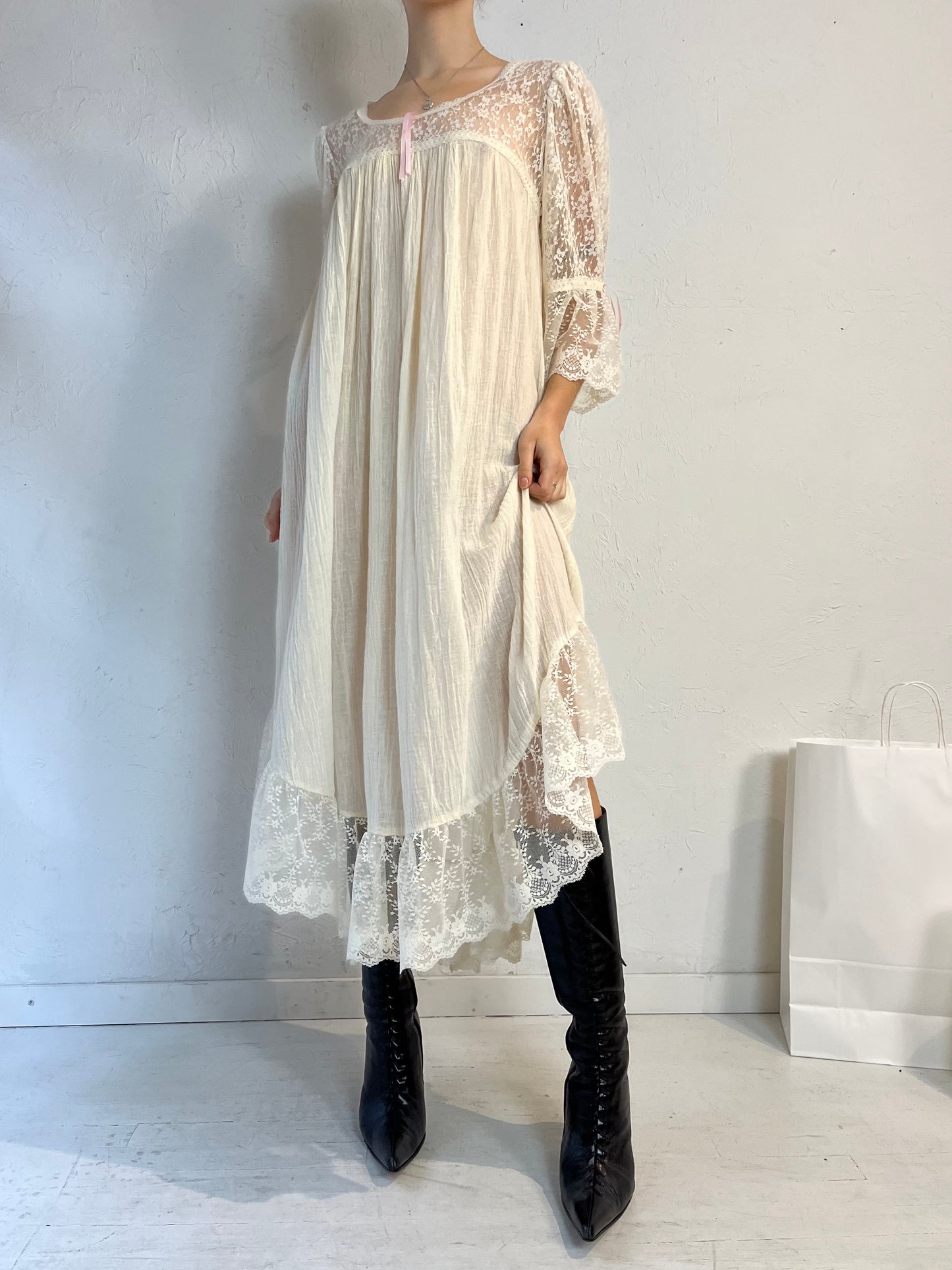 90s 'AC Gauze' Cream Lacey Cotton Gauze Dress / Medium