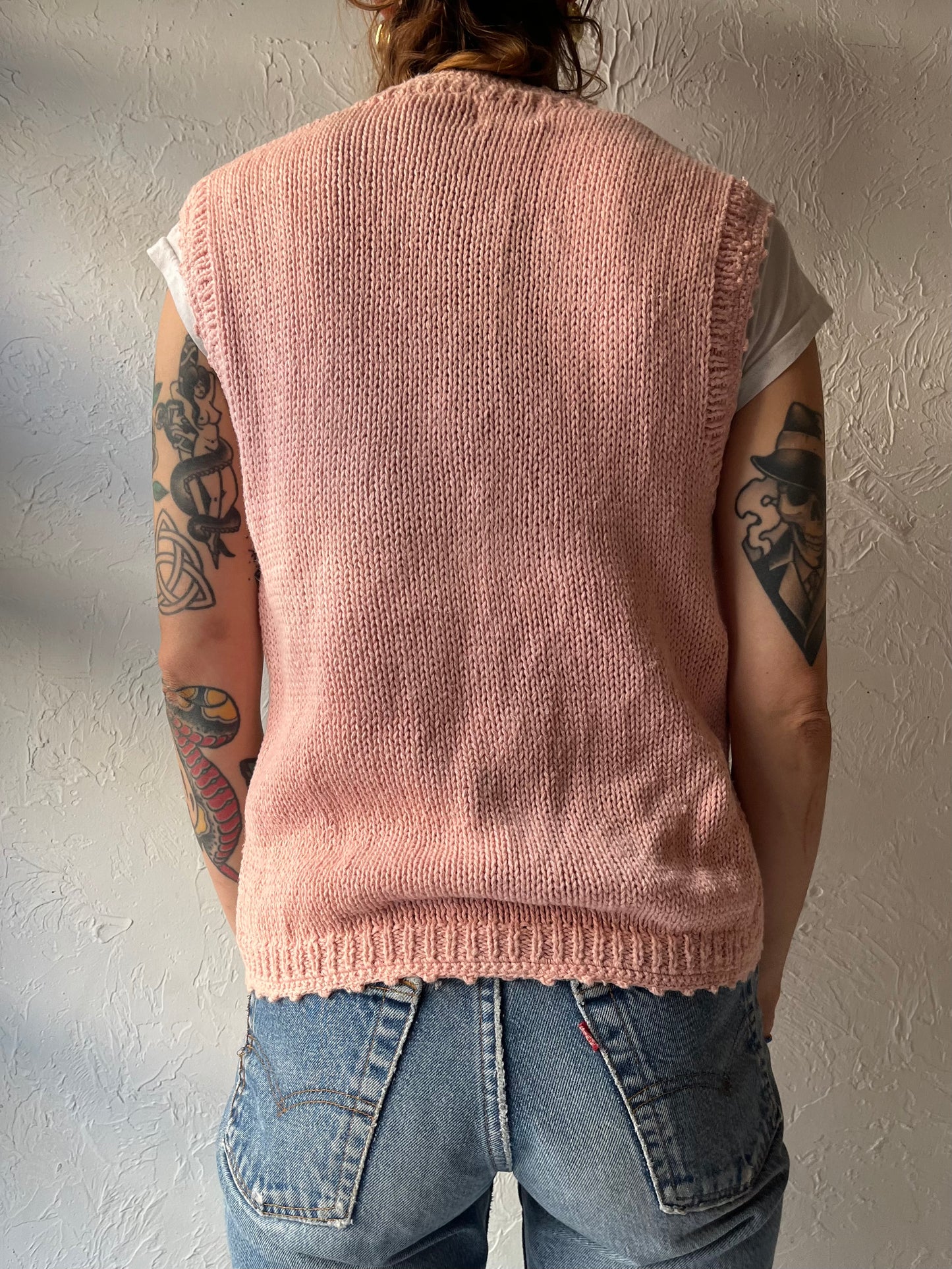 90s 'Ivy' Pink Floral Cottagecore Gramacore Knit Cotton Vest / Small