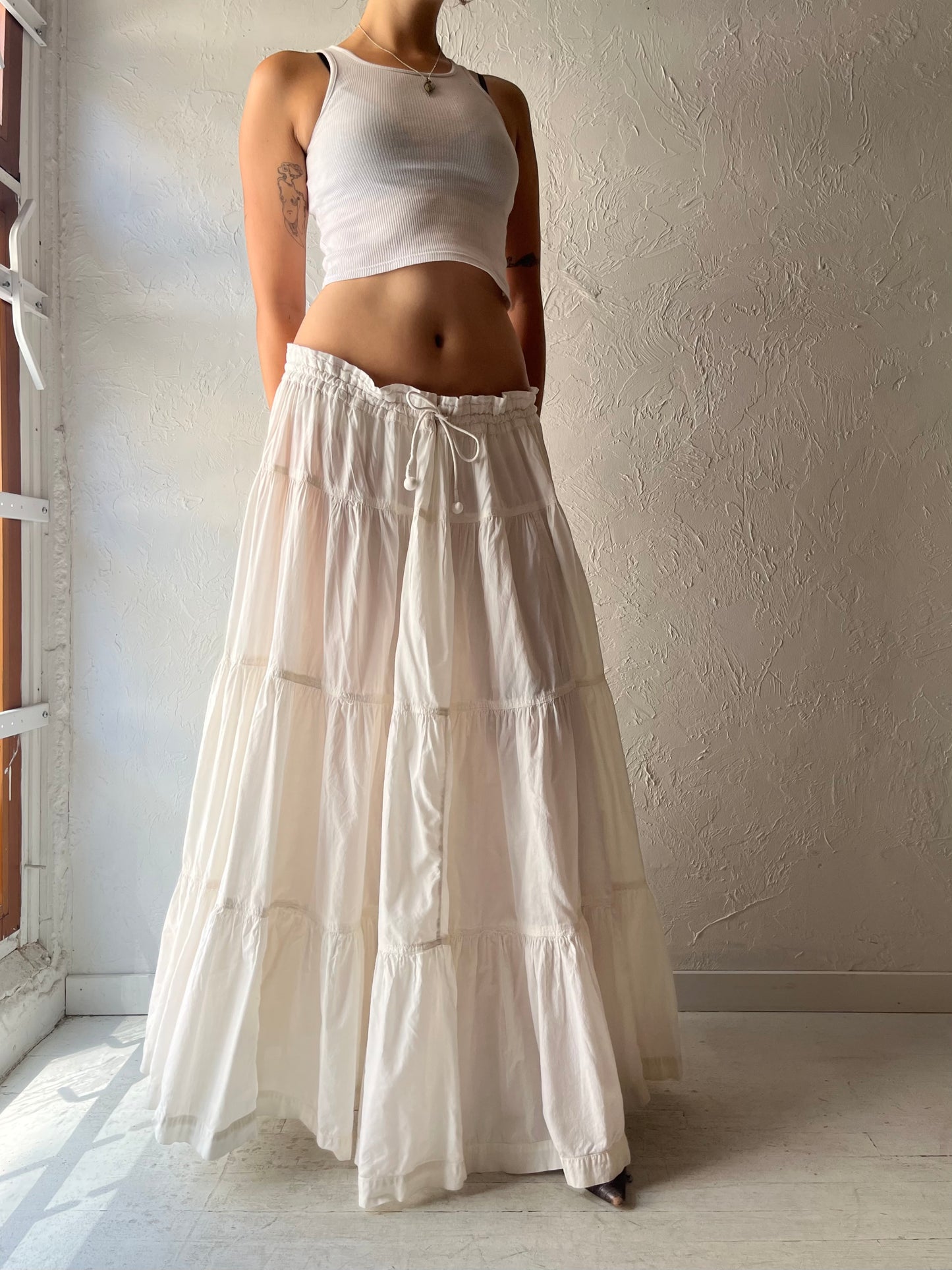 90s 'HL Bis' White Cotton Prairie Teared Cottagecore Maxi Skirt / Medium - Large