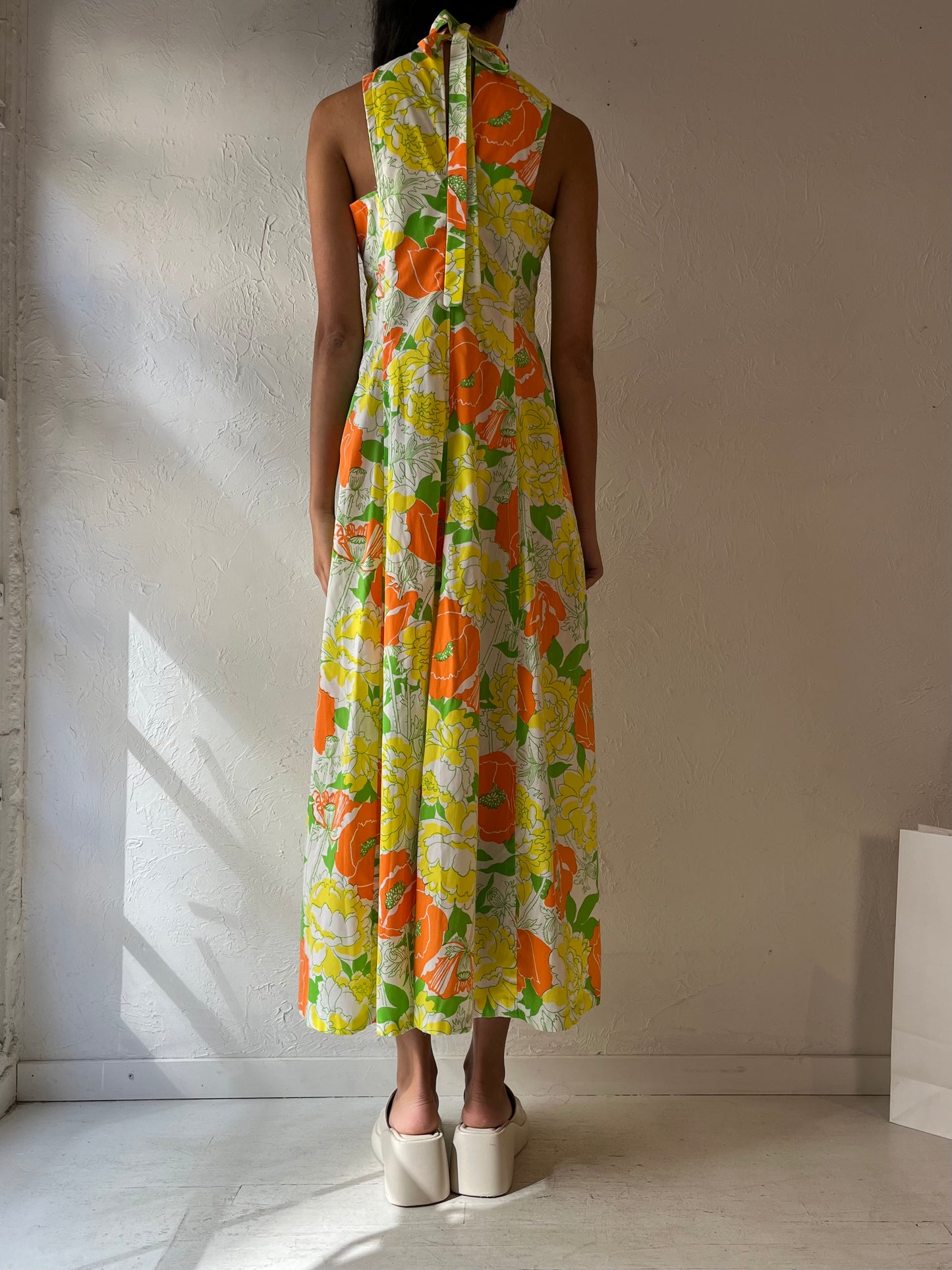 Vintage Handmade Retro Neon Floral Print Maxi Dress / Small