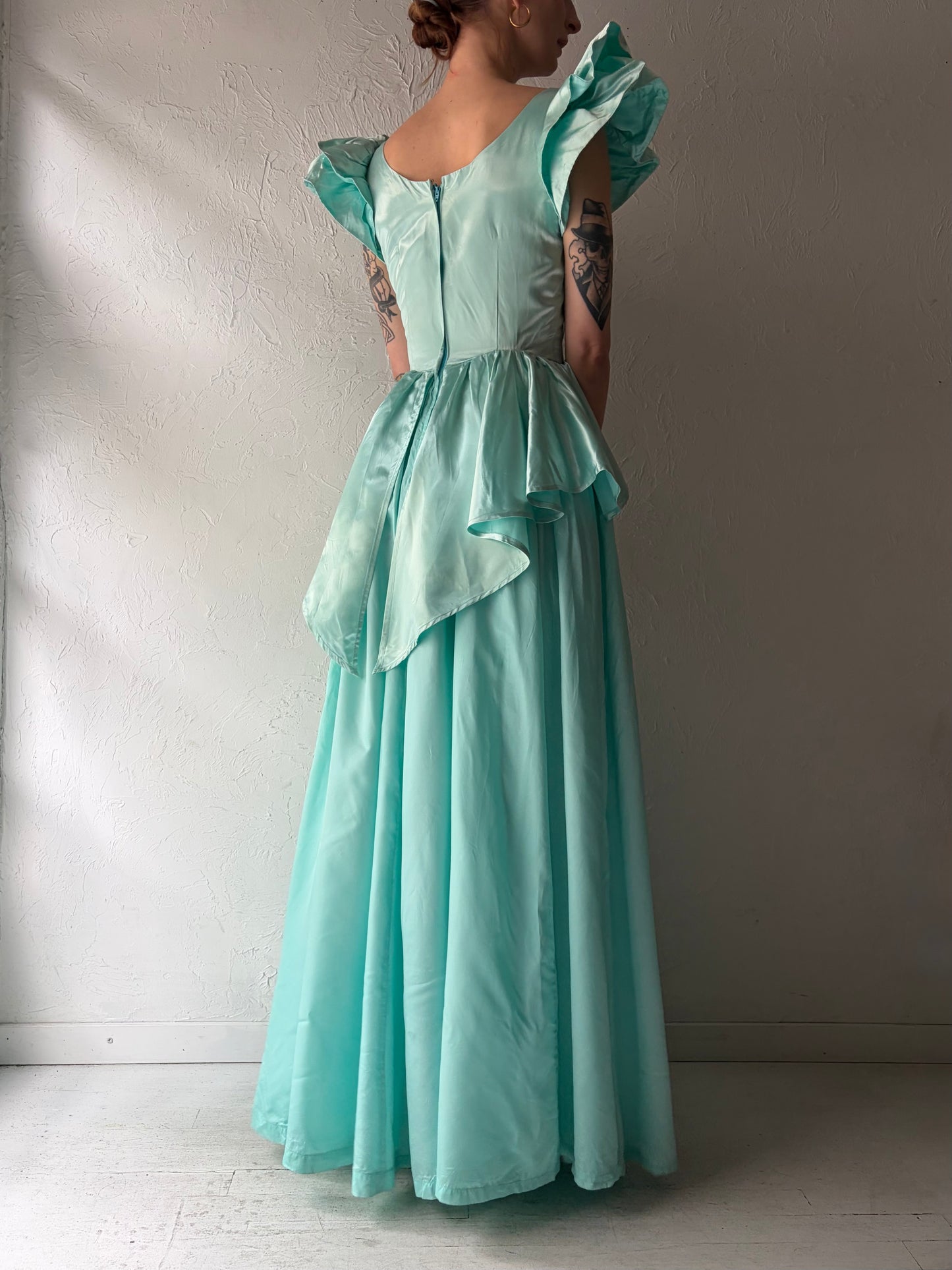 80s Mint Green Satin Formal Maxi Dress / Small
