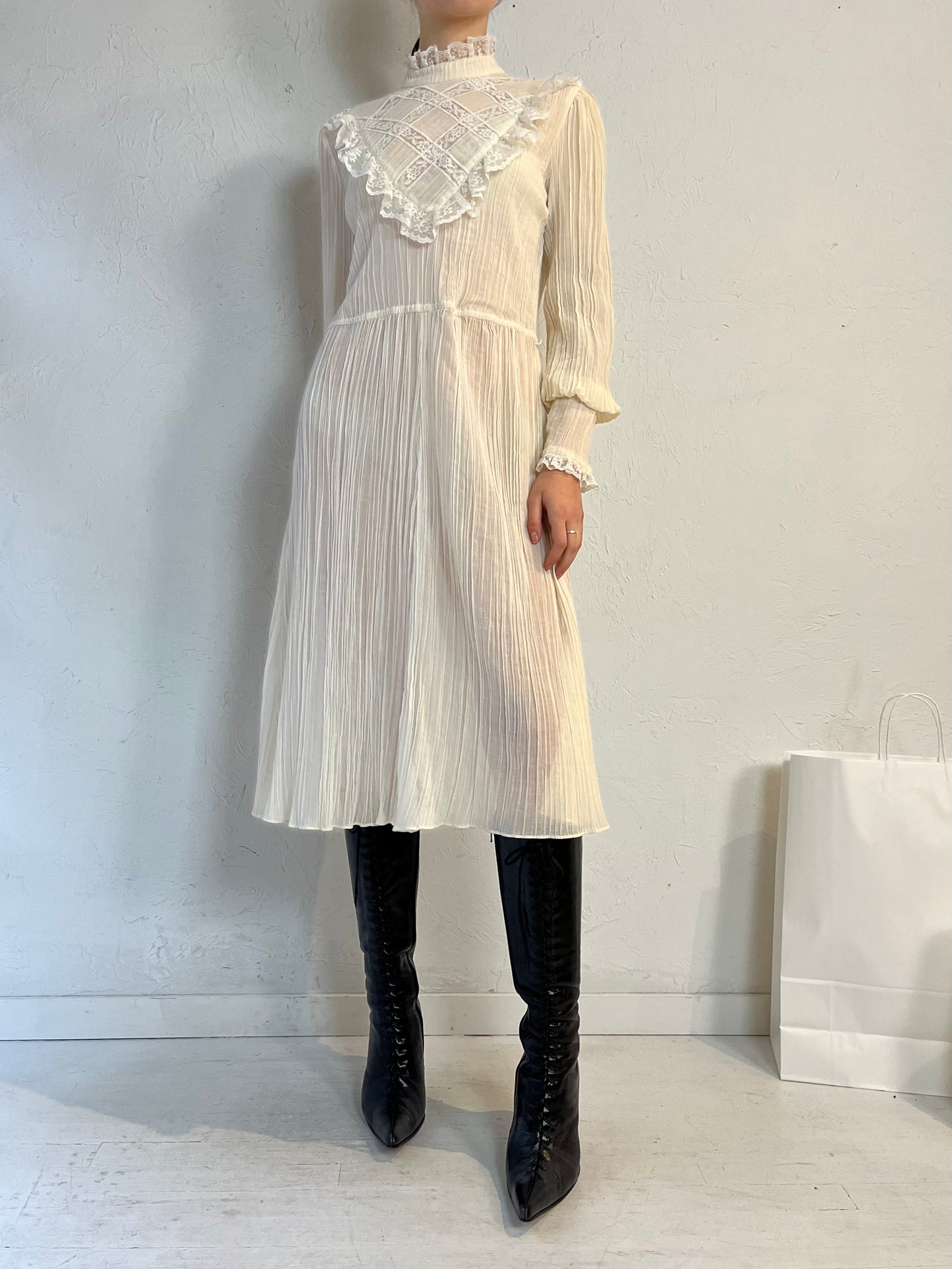 70s 'Encore' Cream Long Sleeve Dress / Small