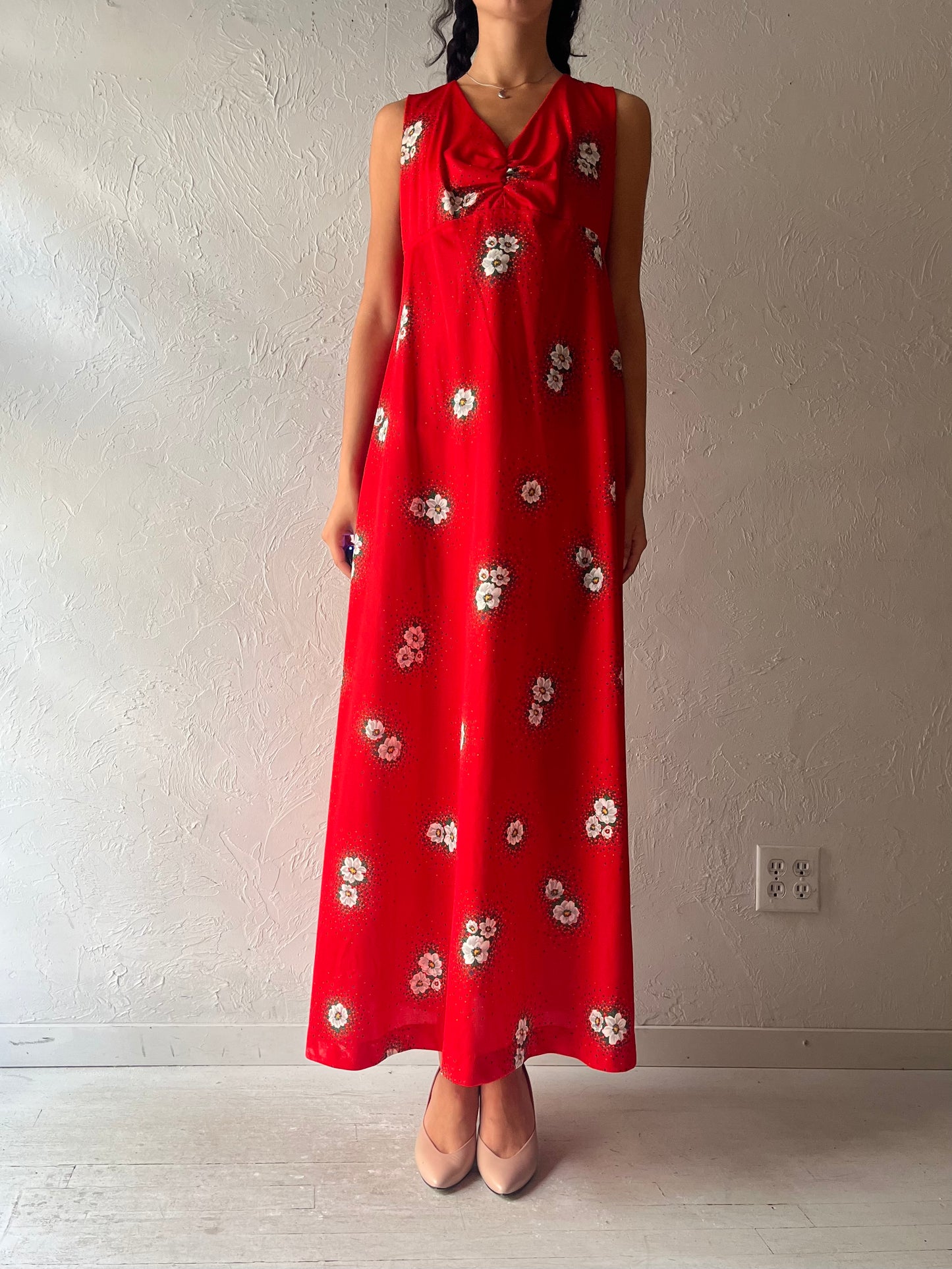 70s 'Wendy Lane' Red Foral Retro Maxi Dress / Medium