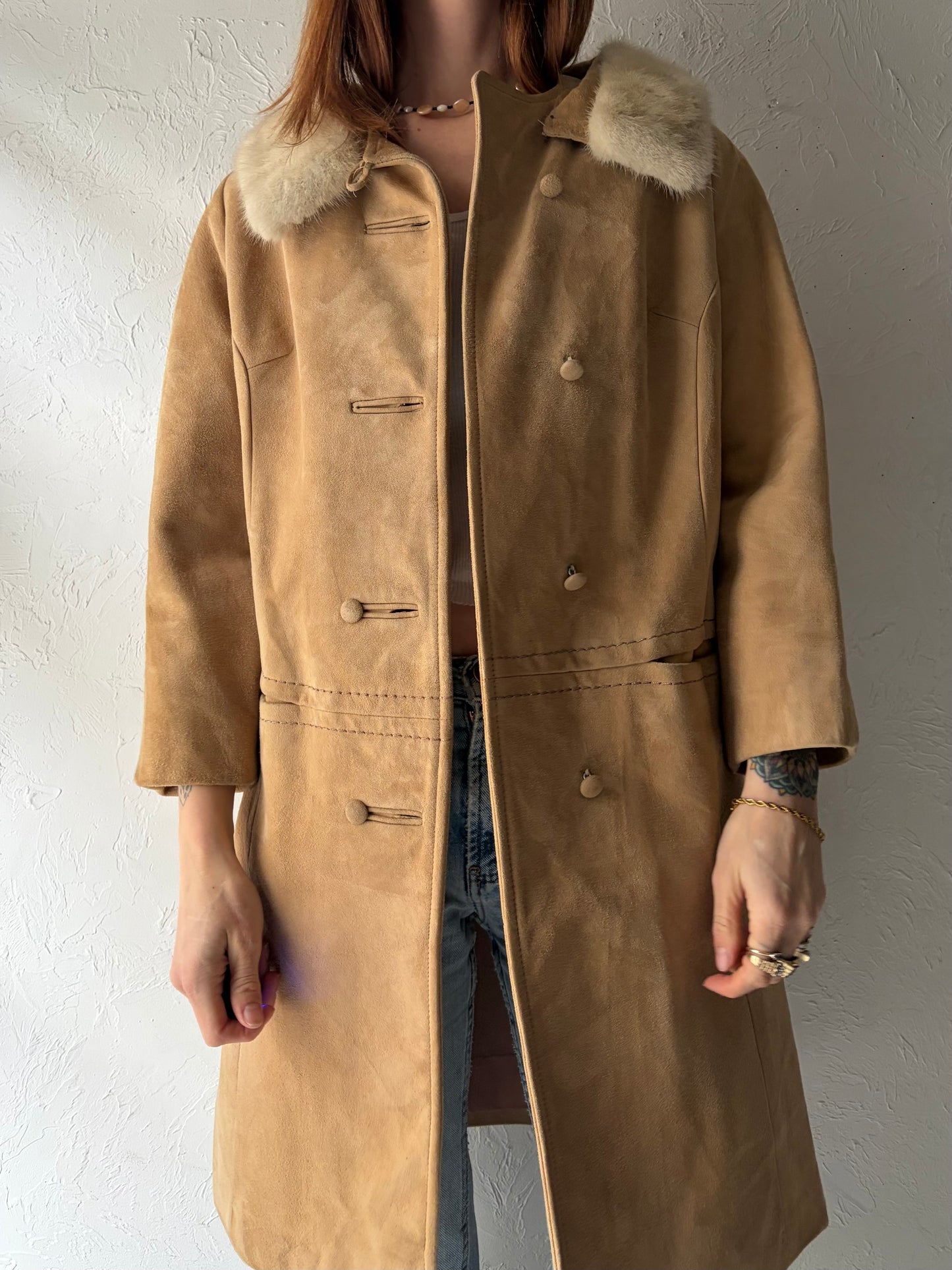 70s Tan Almost Famous Fur Collar Suede Coat  / Vintage Penny Lane Style Leather Jacket / Small