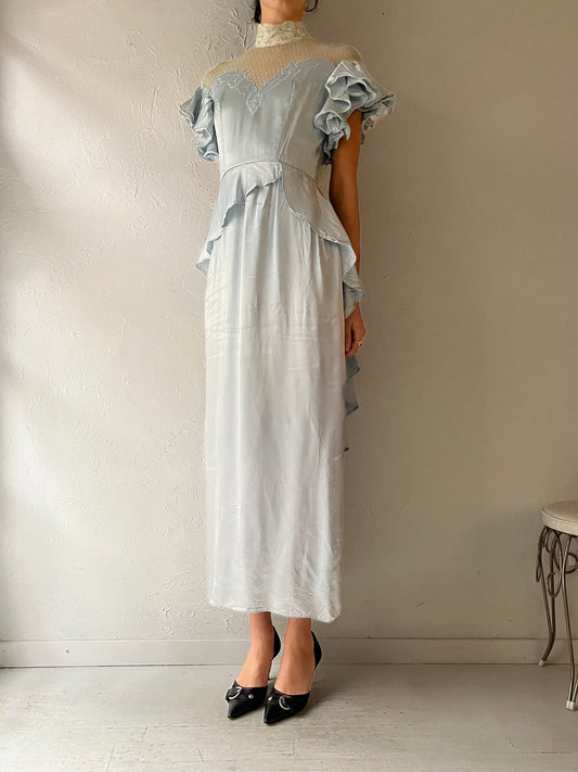 80s Pale Blue Formal Satin Dress / Small