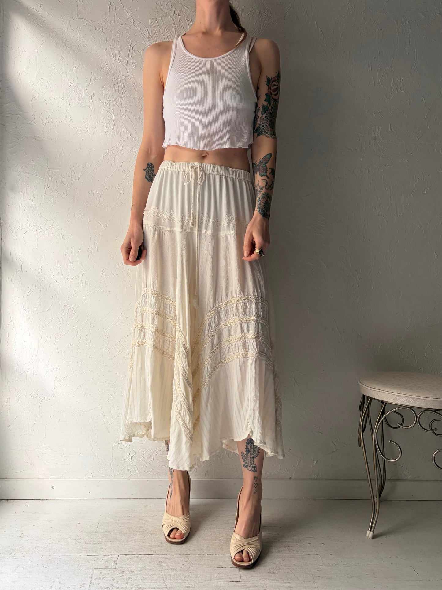 90s 'Papa' White Skirt Rayon Maxi Skirt / Medium