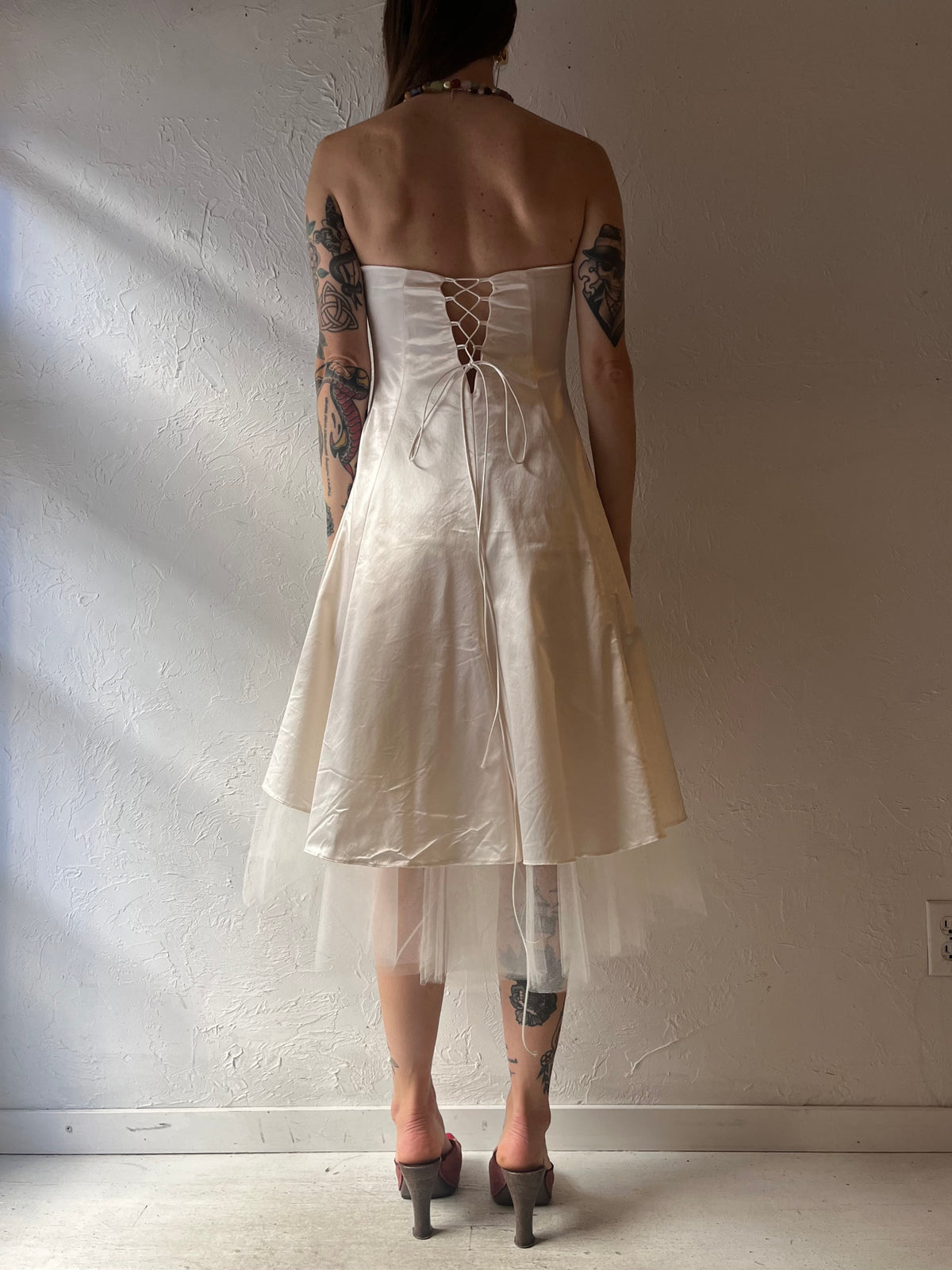 90s ‘Bain de Nuit Paris’ Ivory Satin Strapless Romantic Formal Mini Party Formal Wedding Dress / Small