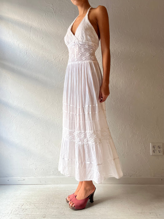 Y2k White Embroidered Minimalist Whimsical Fairycore Hippie Maxi Halter Dress / Medium