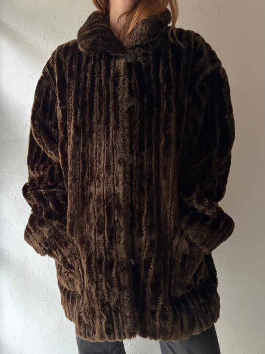 Y2k 'White Stag' Brown Faux Fur Jacket / XXL