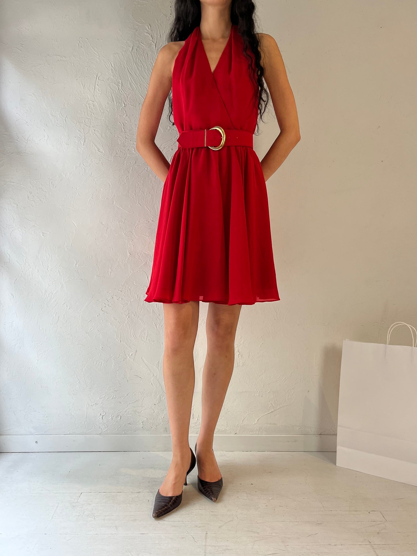 70s 'Algo' Red Halter Dress / Small