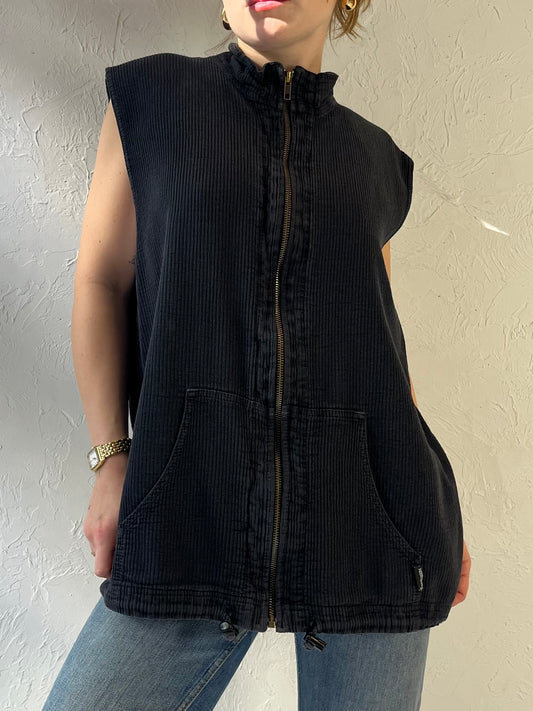 90s ‘Ezze Wear’ Black Zip Up Cotton Vest / Large