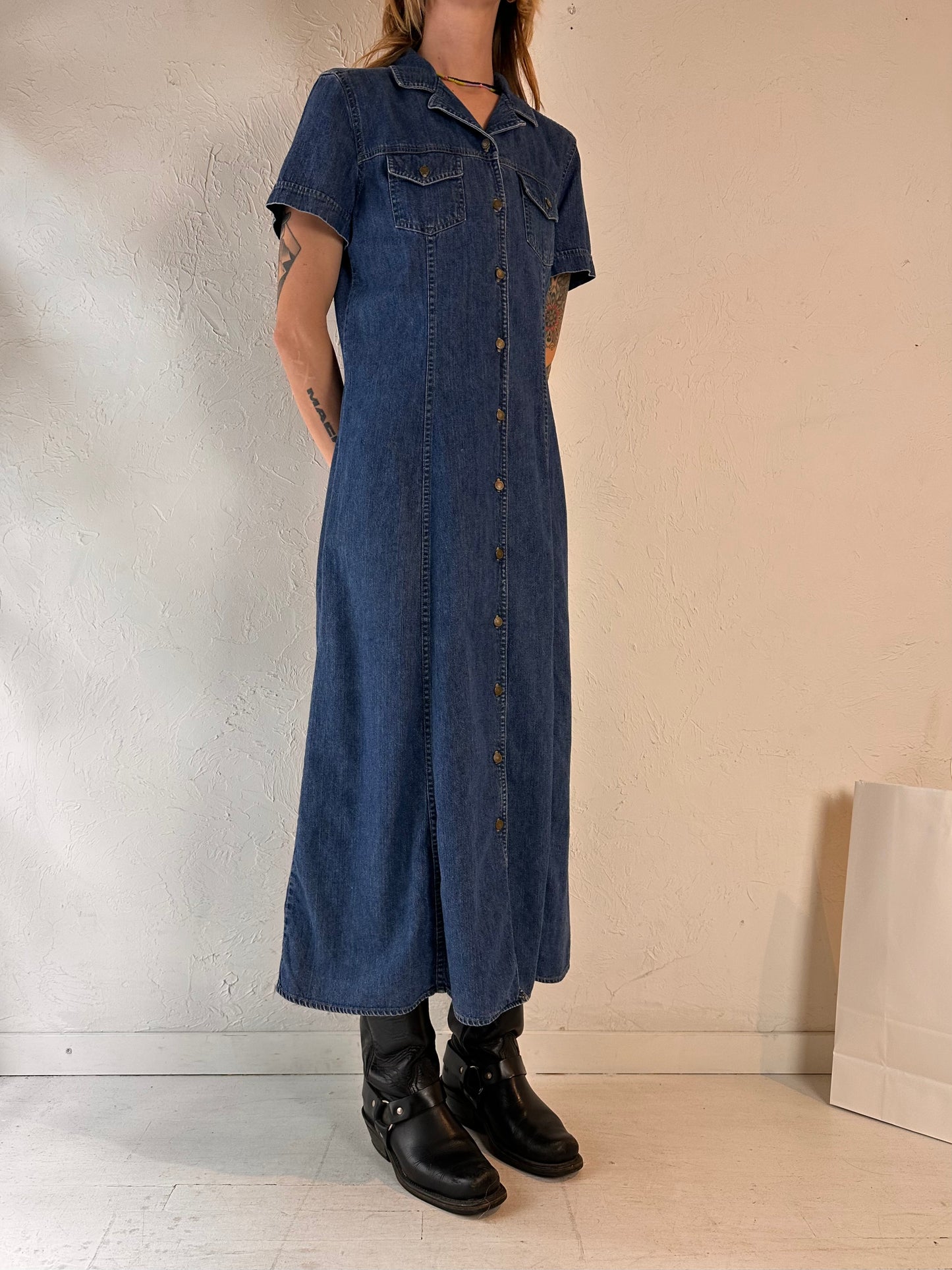 90s Button Up Embroidered Denim Dress / Small