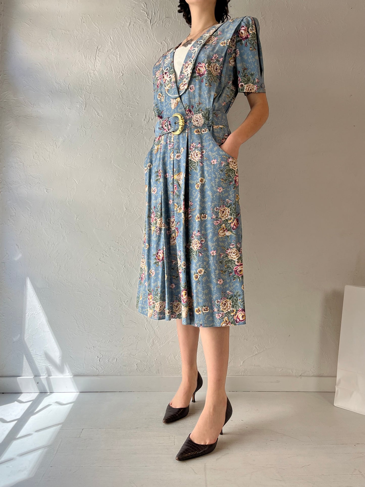 80s 'SL Petites' Blue Floral Print Collared Dress / Medium