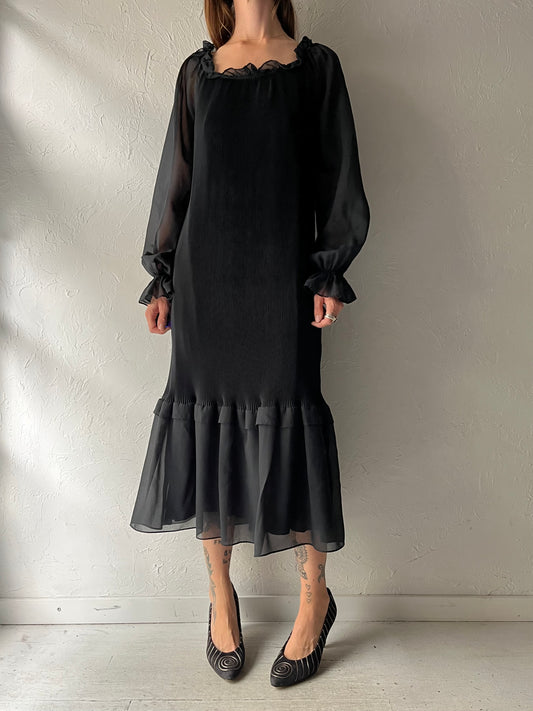 80s 'Lori Ann' Black Chiffon Ruffle Romantic Goth Witchy Cocktail Midi Dress / Medium