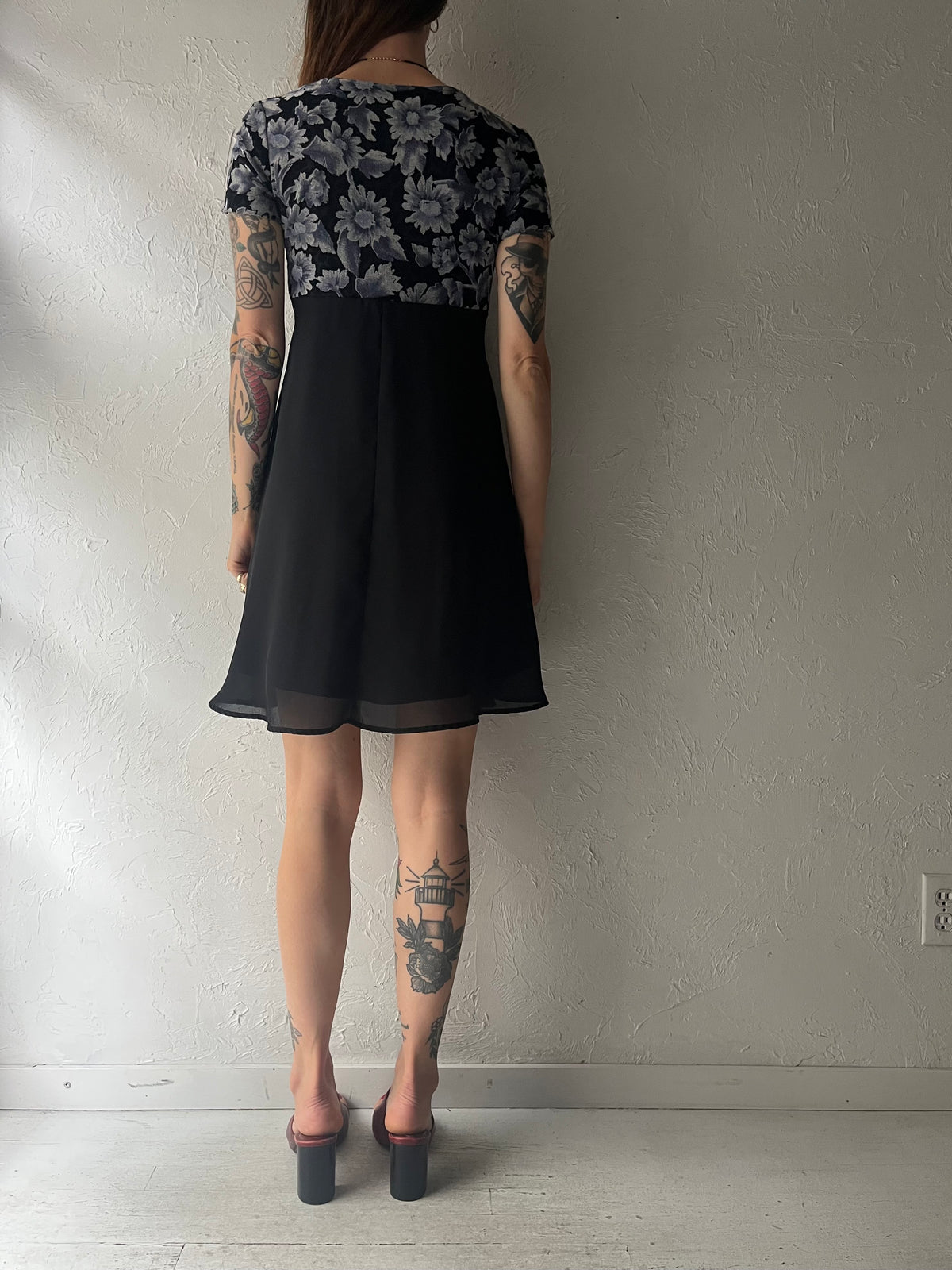 90s 'Clientele' Black Floral Romantic Goth Grungecore Mini Babydoll Dress / Small