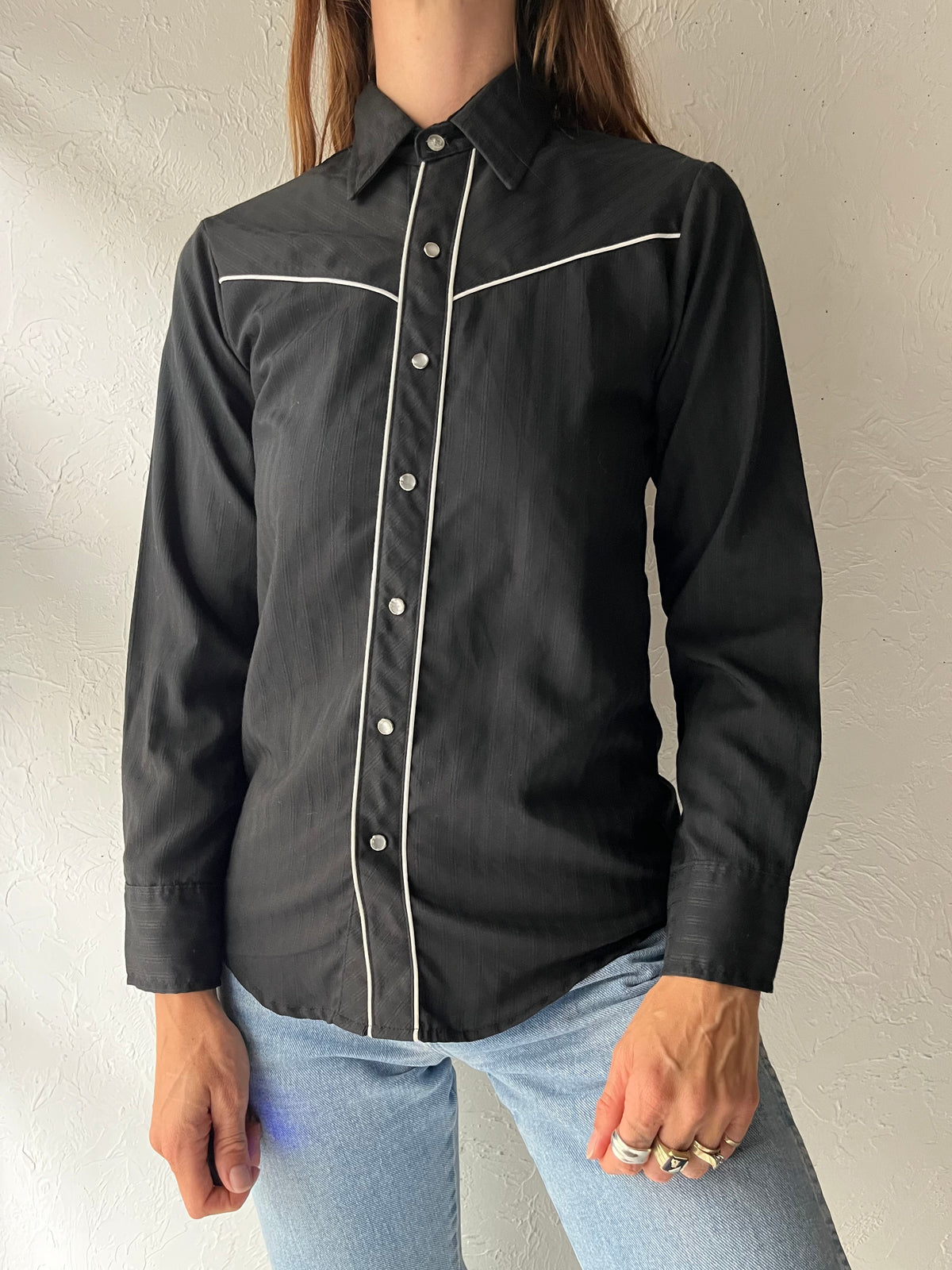 90s 'MWG' Black Western Snap Up Shirt / XS