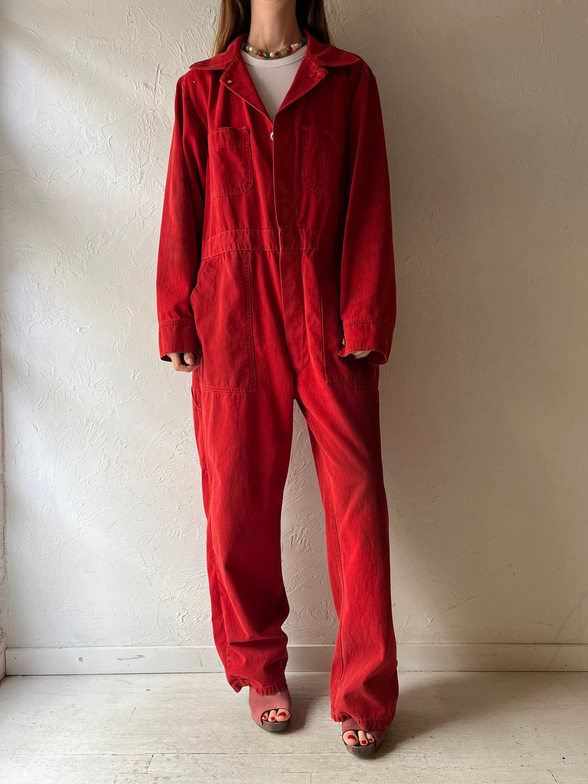 70s Red Cotton Workwear Boiler Suit / Large