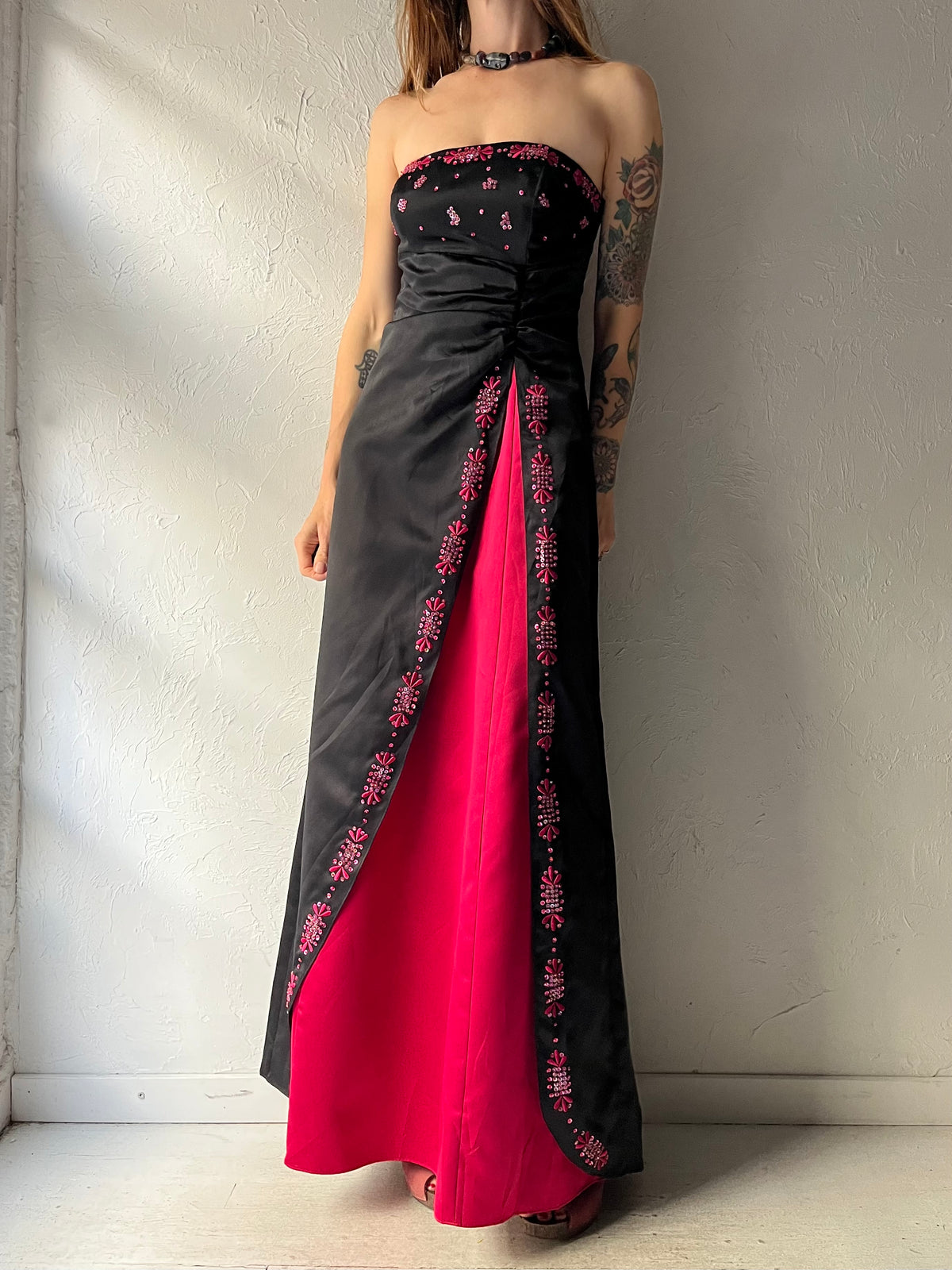 Y2k 'Zum Zum' Black Pink Strapless Lace Up Formal Prom Dress / Small