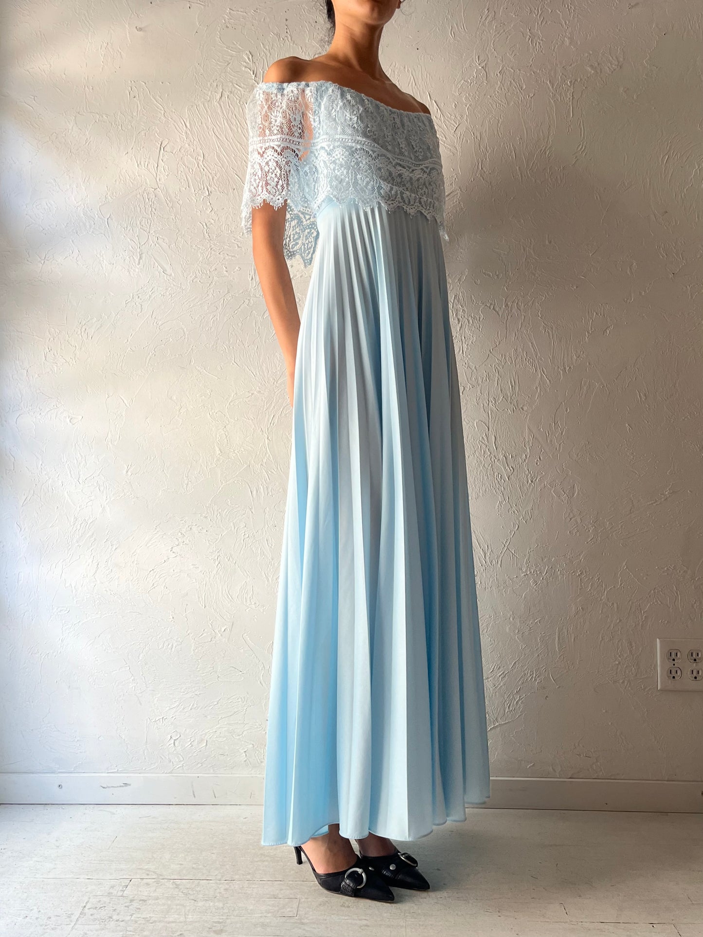 70s 'Sears' Baby Blue Off The Shoulder Formal Dress / Small